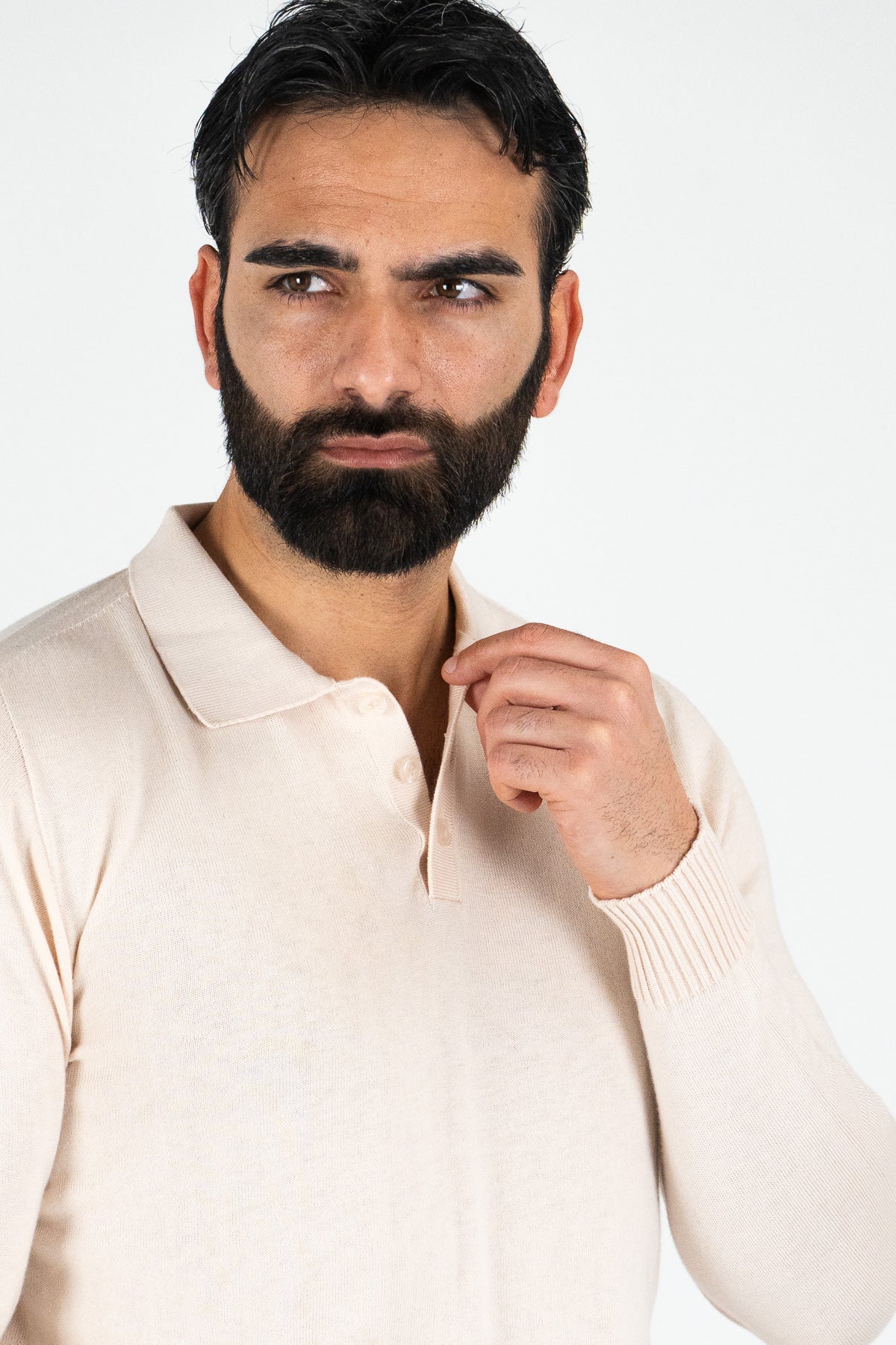 Polo manica lunga Beige 100% cotone finezza 12 con elastici sulle maniche e sul fondo di filo tinta unita da uomo made in italy
