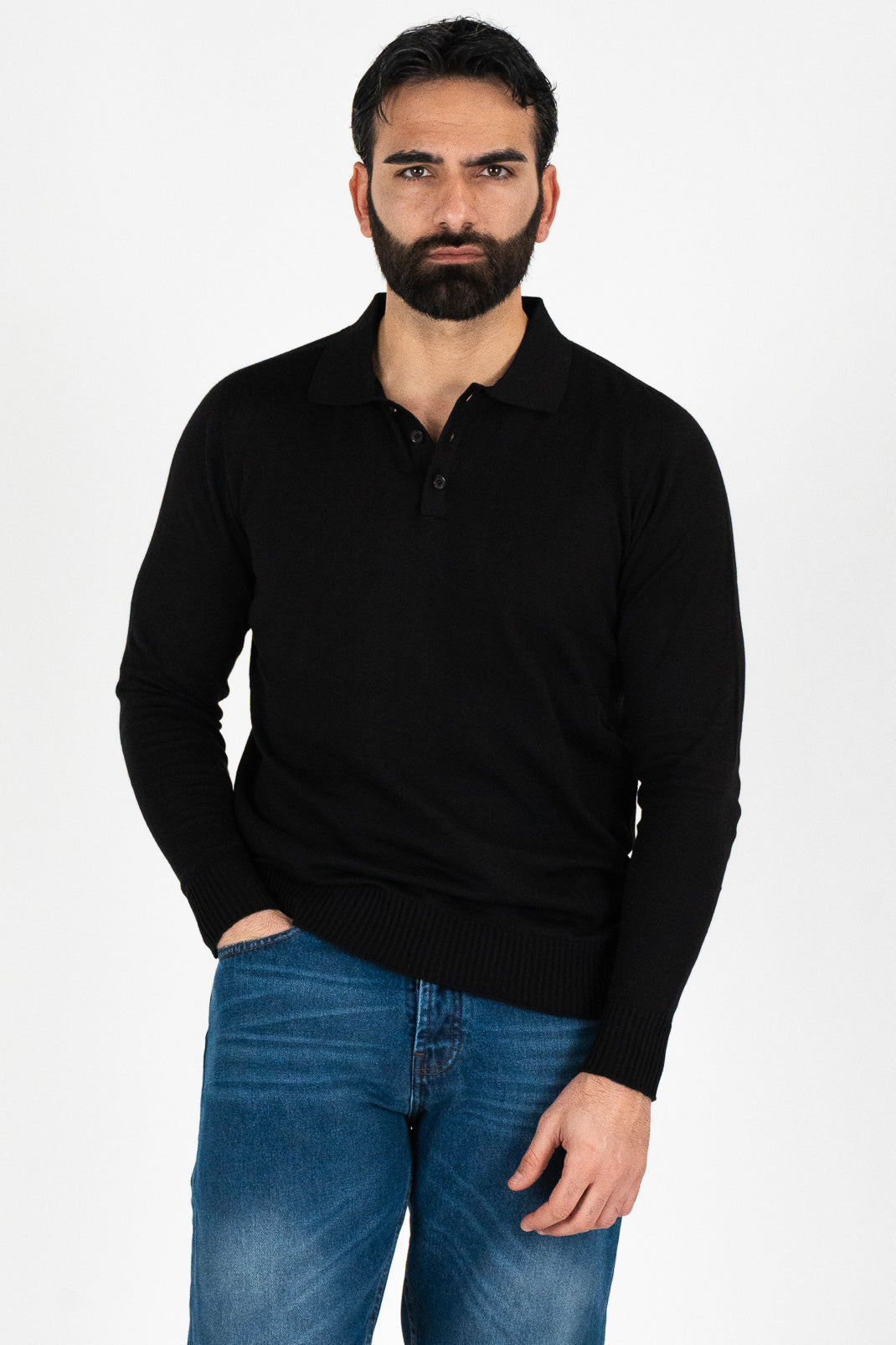 Polo manica lunga Nera 100% cotone finezza 12 con elastici sulle maniche e sul fondo di filo tinta unita da uomo made in italy