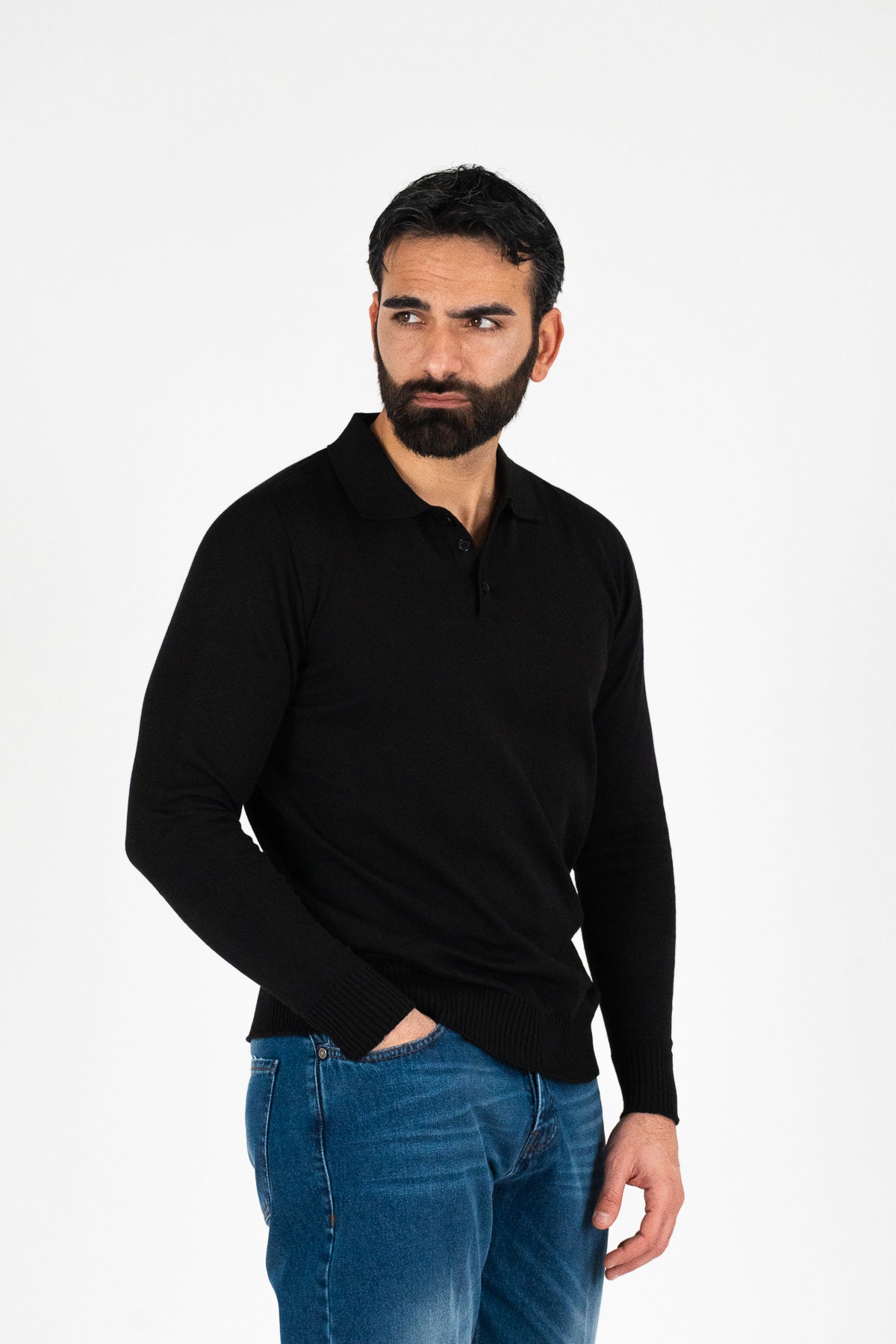 Polo manica lunga Nera 100% cotone finezza 12 con elastici sulle maniche e sul fondo di filo tinta unita da uomo made in italy
