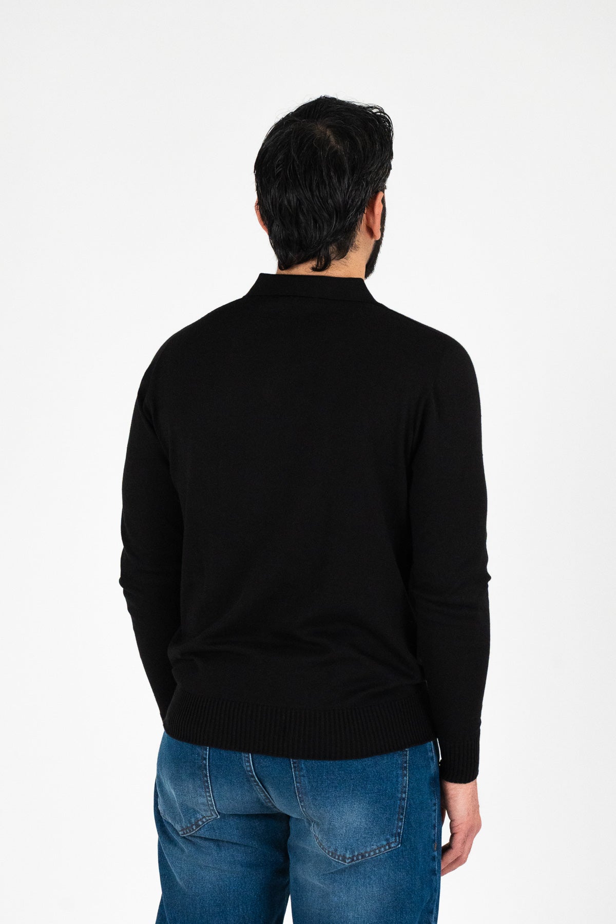 Polo manica lunga Nera 100% cotone finezza 12 con elastici sulle maniche e sul fondo di filo tinta unita da uomo made in italy