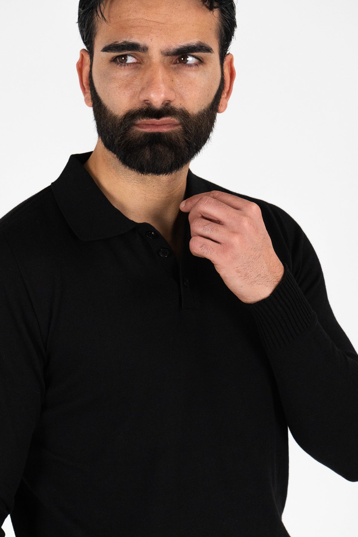 Polo manica lunga Nera 100% cotone finezza 12 con elastici sulle maniche e sul fondo di filo tinta unita da uomo made in italy