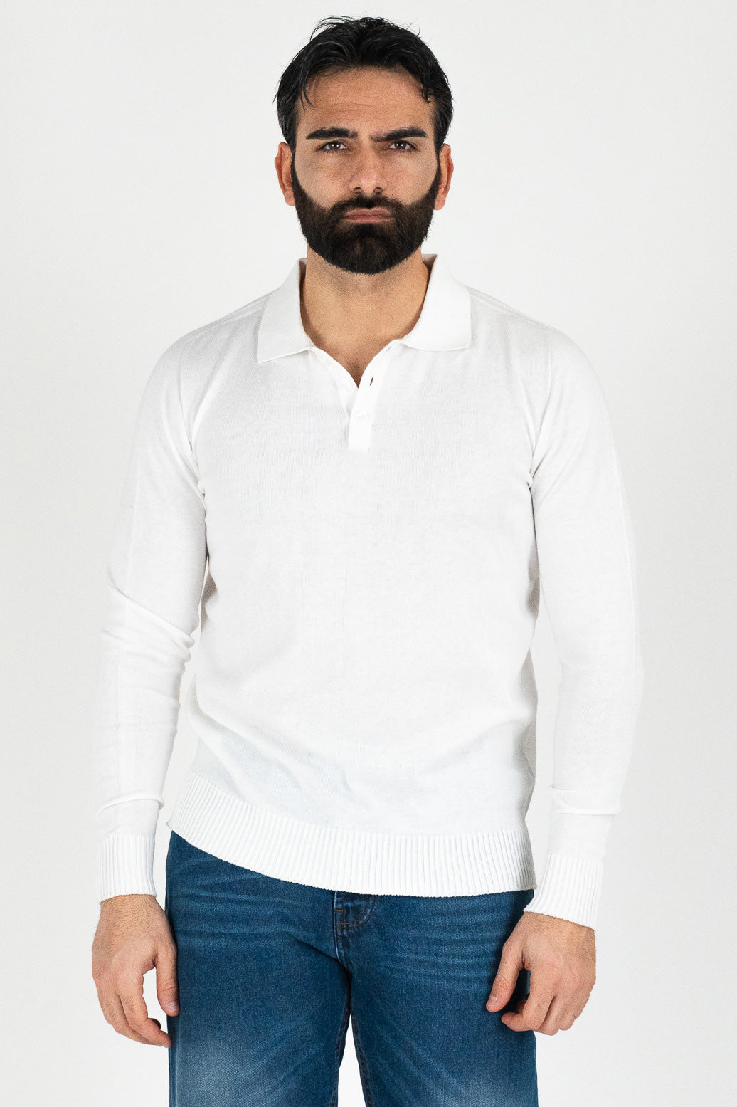 Polo manica lunga Bianca 100% cotone finezza 12 con elastici sulle maniche e sul fondo di filo tinta unita da uomo made in italy