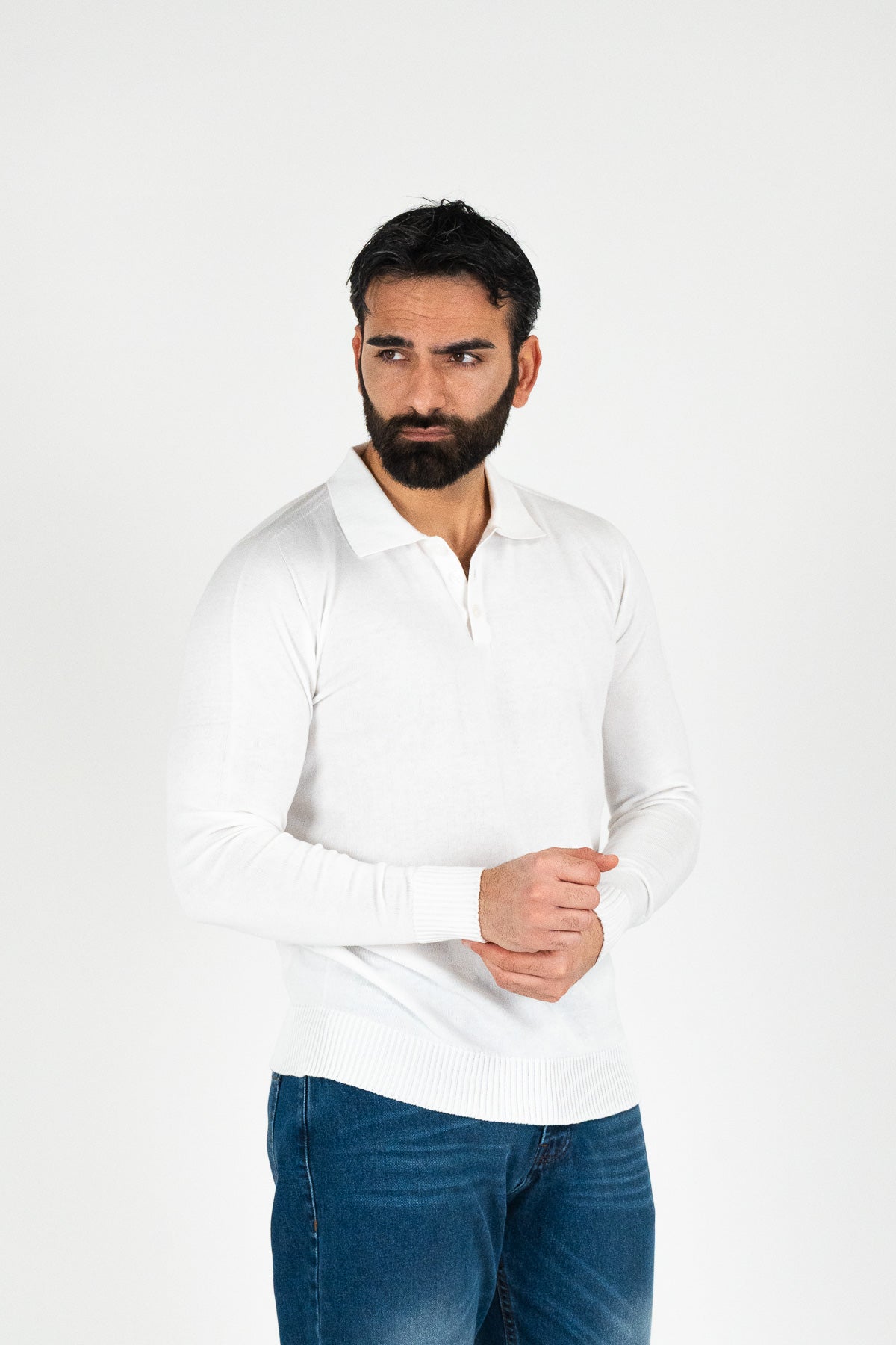 Polo manica lunga Bianca 100% cotone finezza 12 con elastici sulle maniche e sul fondo di filo tinta unita da uomo made in italy