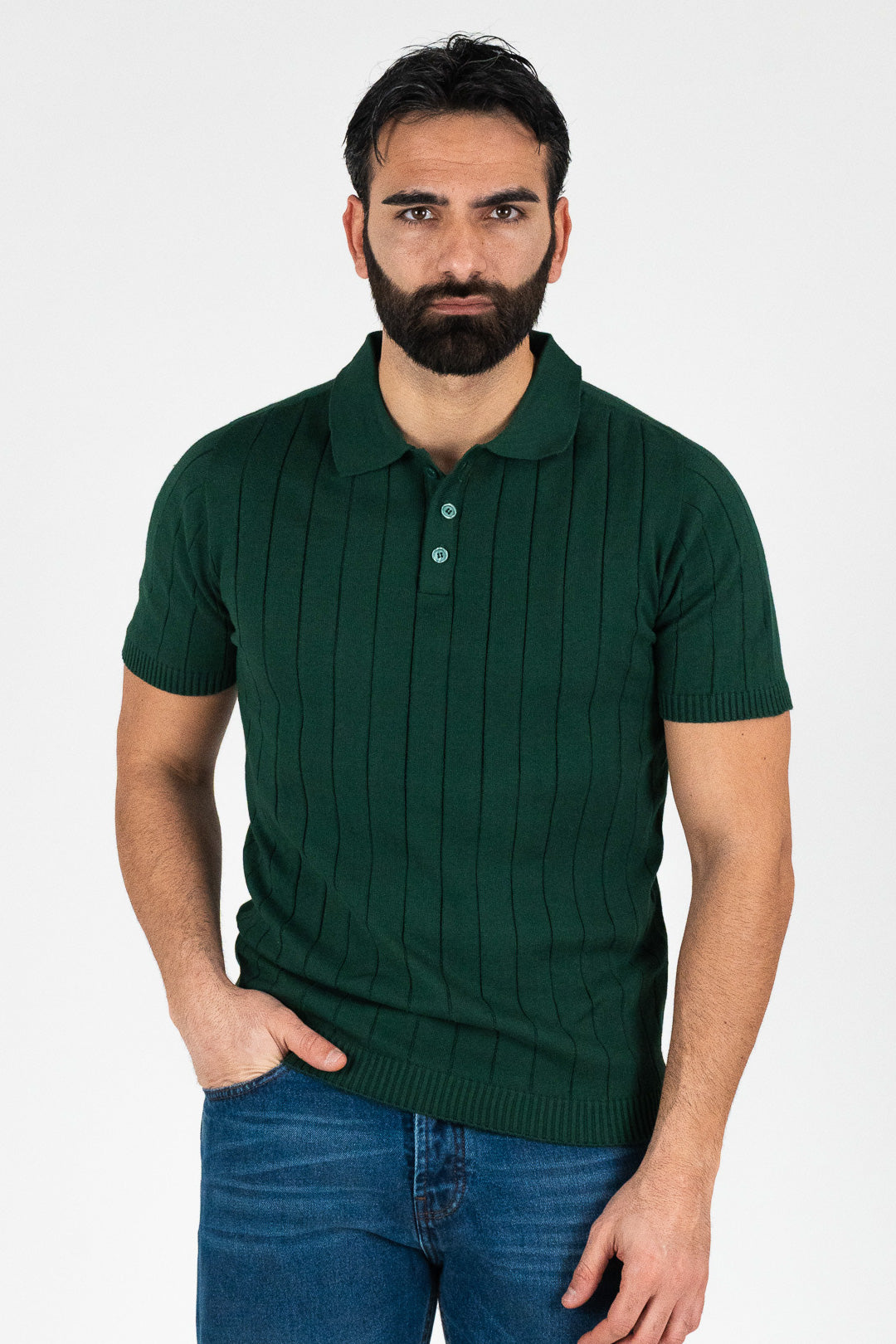 Polo mezze maniche verde a coste100% cotone finezza 12 con elastici sulle maniche e sul fondo di filo tinta unita da uomo made in italy