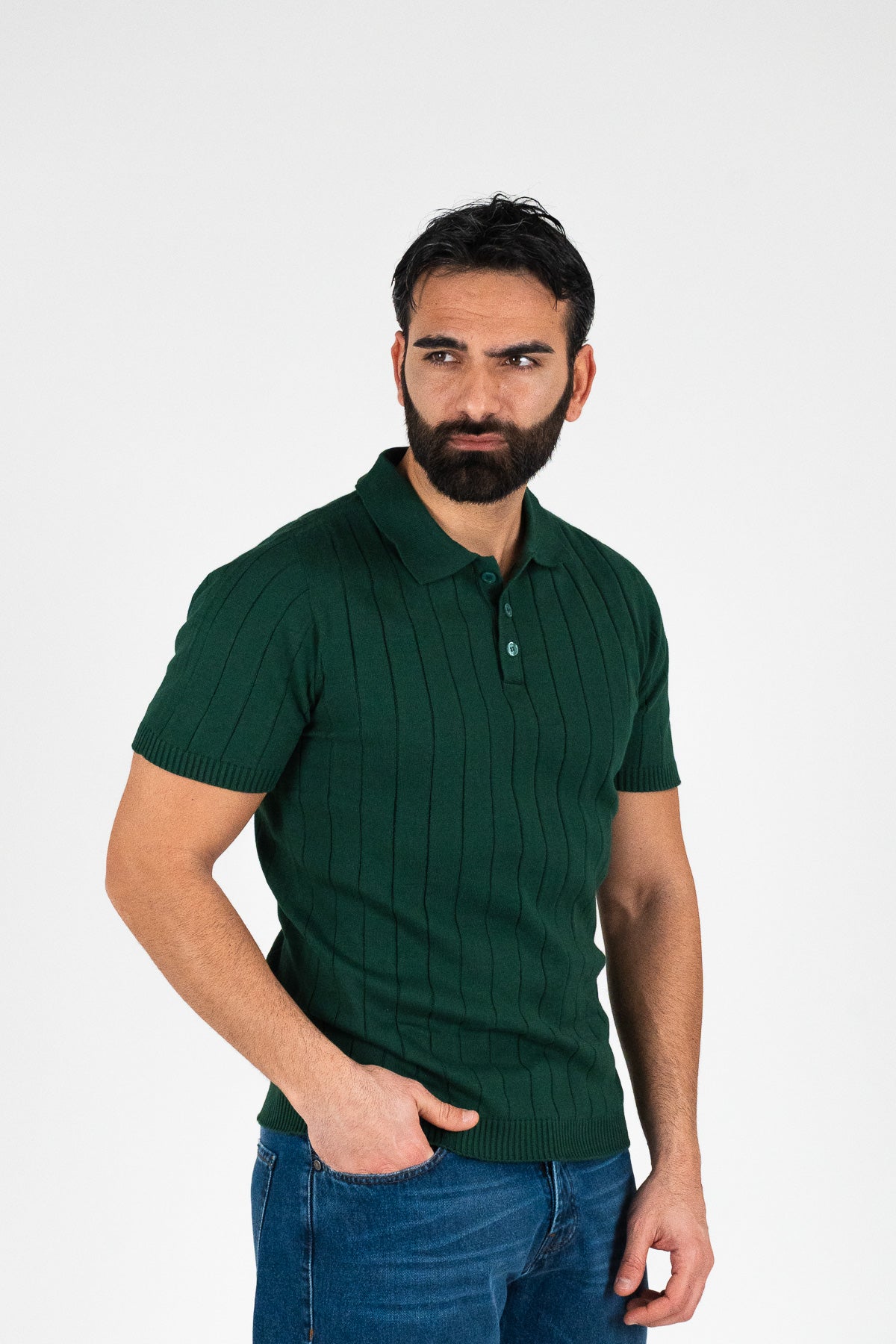 Polo mezze maniche verde a coste100% cotone finezza 12 con elastici sulle maniche e sul fondo di filo tinta unita da uomo made in italy