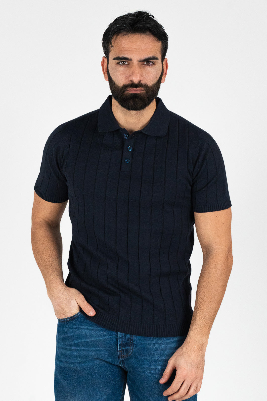 Polo mezze maniche Blu a coste 100% cotone finezza 12 con elastici sulle maniche e sul fondo di filo tinta unita da uomo made in italy
