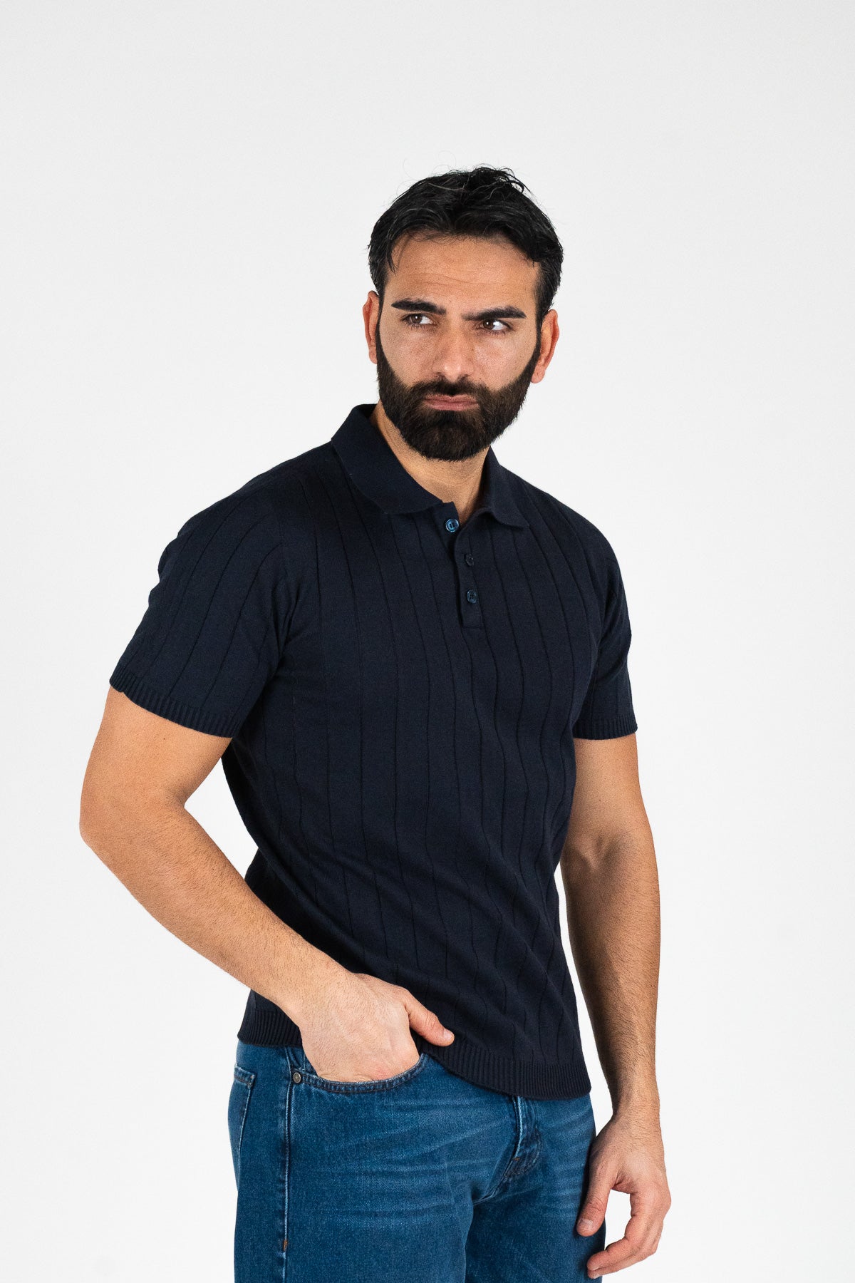 Polo mezze maniche Blu a coste 100% cotone finezza 12 con elastici sulle maniche e sul fondo di filo tinta unita da uomo made in italy