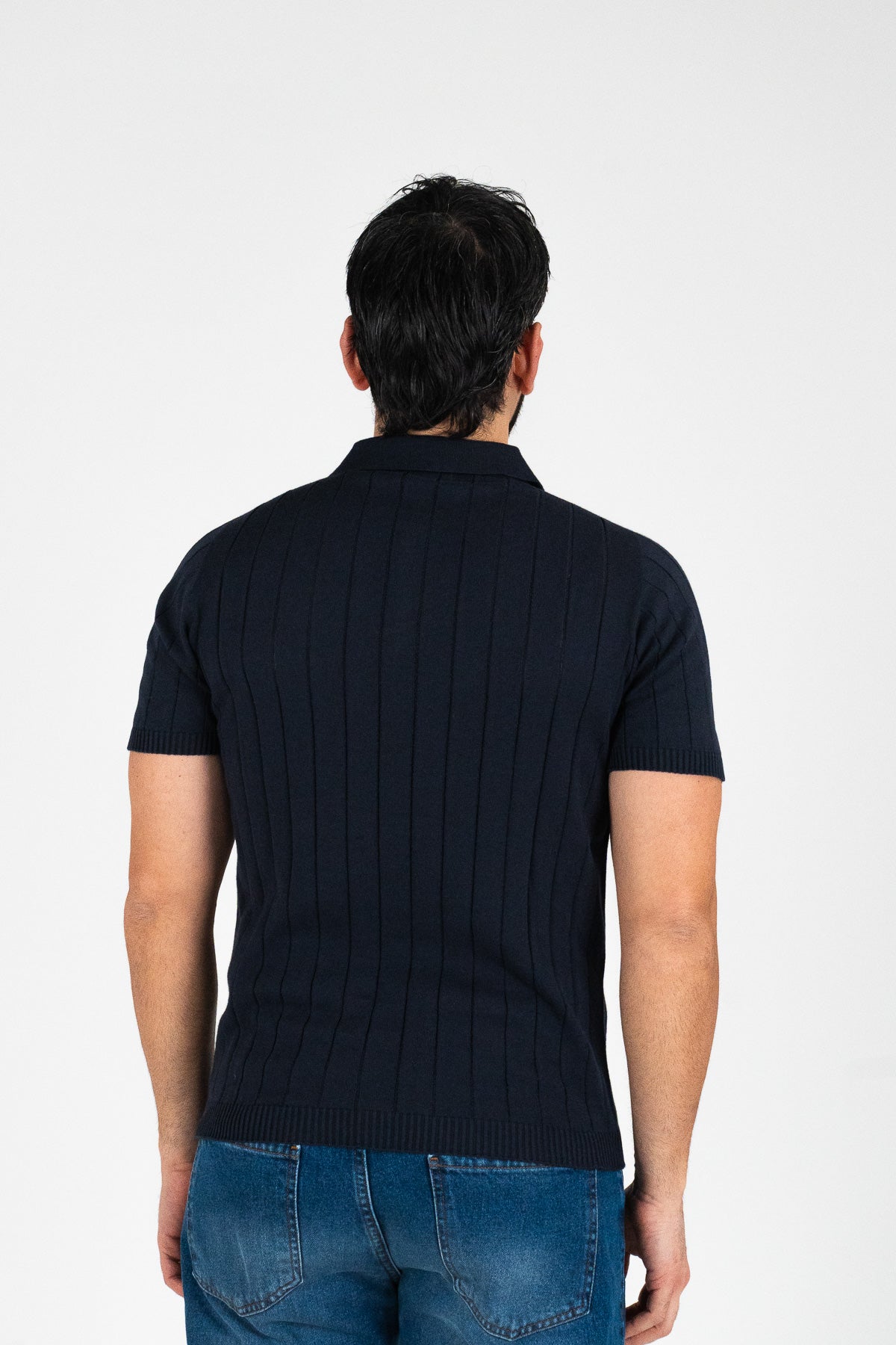 Polo mezze maniche Blu a coste 100% cotone finezza 12 con elastici sulle maniche e sul fondo di filo tinta unita da uomo made in italy