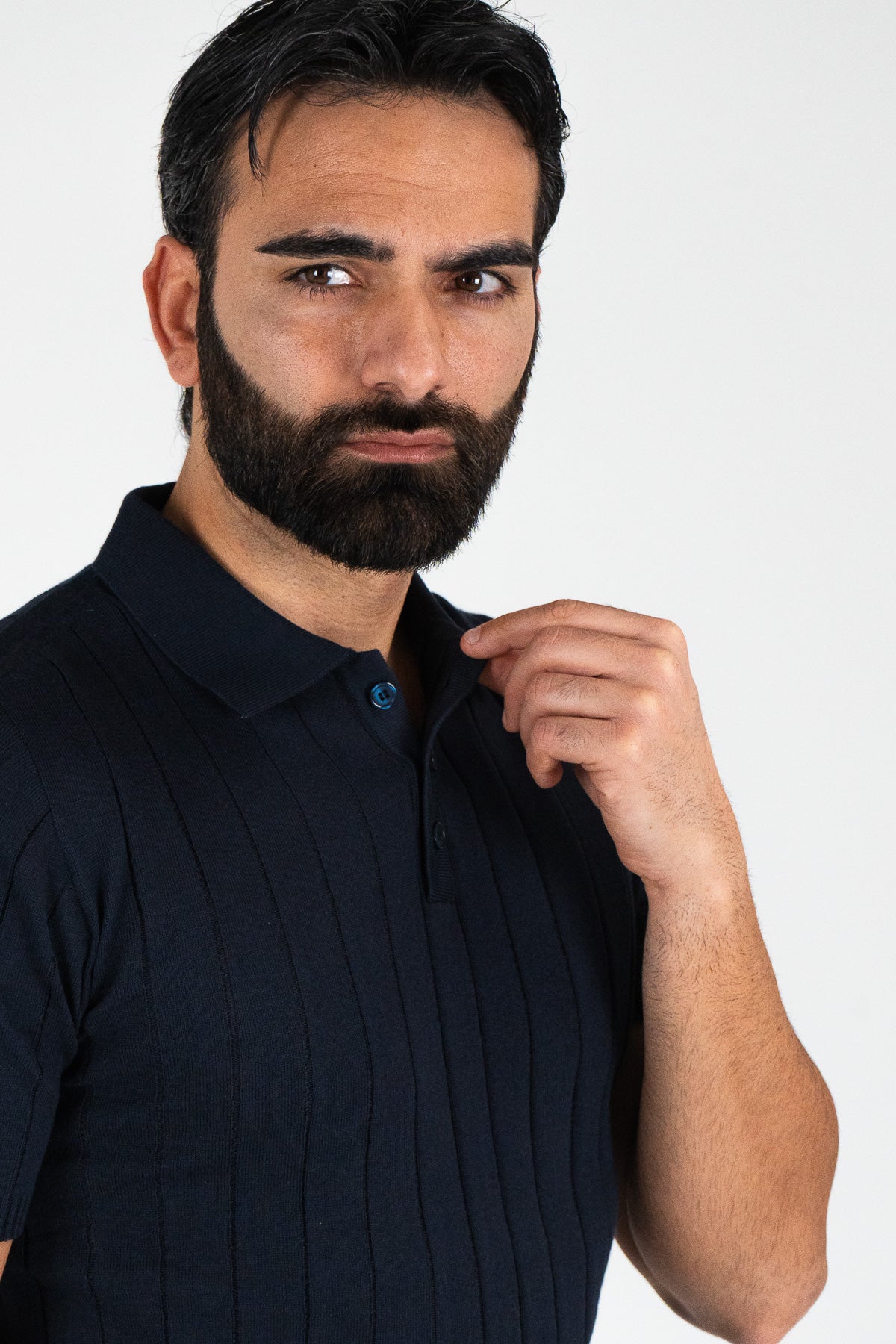 Polo mezze maniche Blu a coste 100% cotone finezza 12 con elastici sulle maniche e sul fondo di filo tinta unita da uomo made in italy