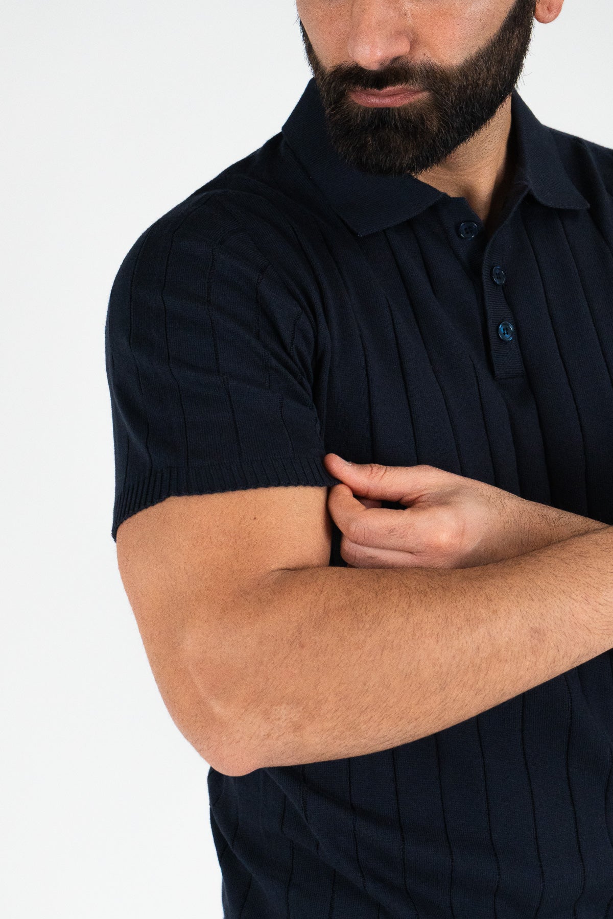 Polo mezze maniche Blu a coste 100% cotone finezza 12 con elastici sulle maniche e sul fondo di filo tinta unita da uomo made in italy