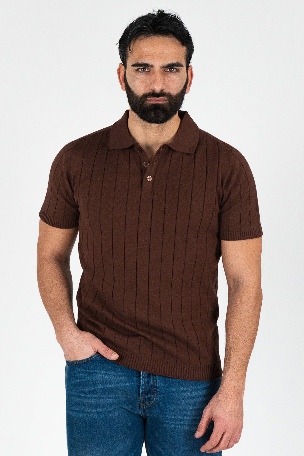 Polo mezze maniche Marrone a coste 100% cotone finezza 12 con elastici sulle maniche e sul fondo di filo tinta unita da uomo made in italy