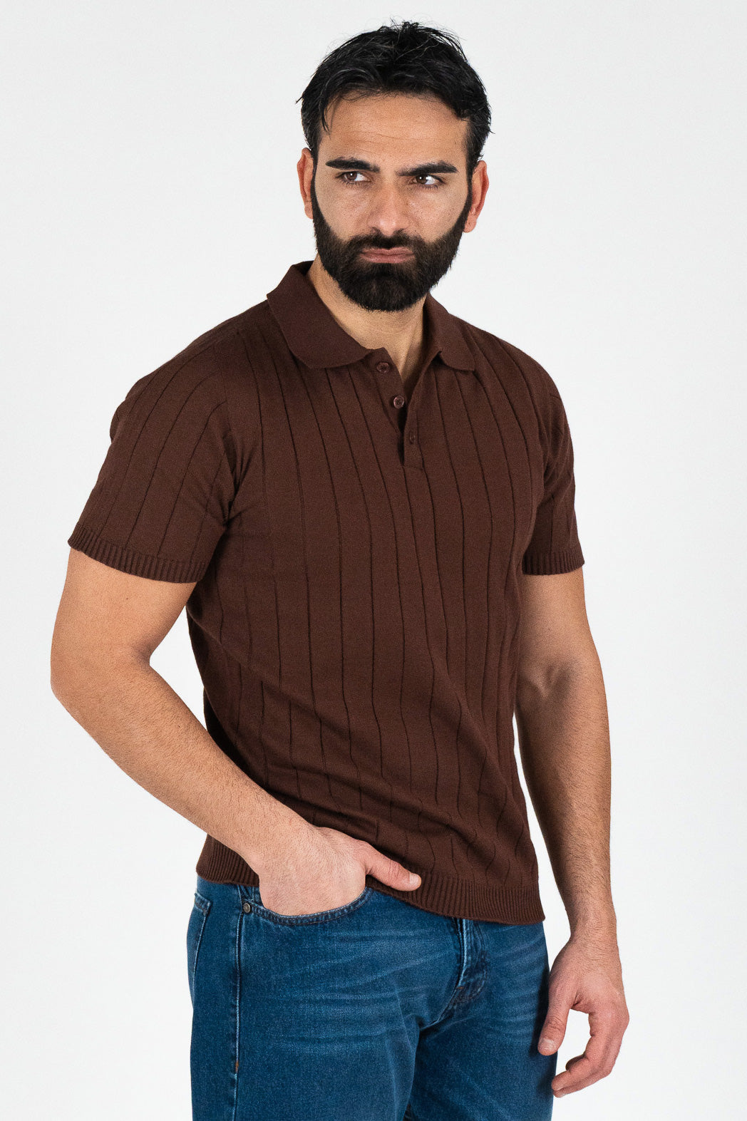 Polo mezze maniche Marrone a coste 100% cotone finezza 12 con elastici sulle maniche e sul fondo di filo tinta unita da uomo made in italy