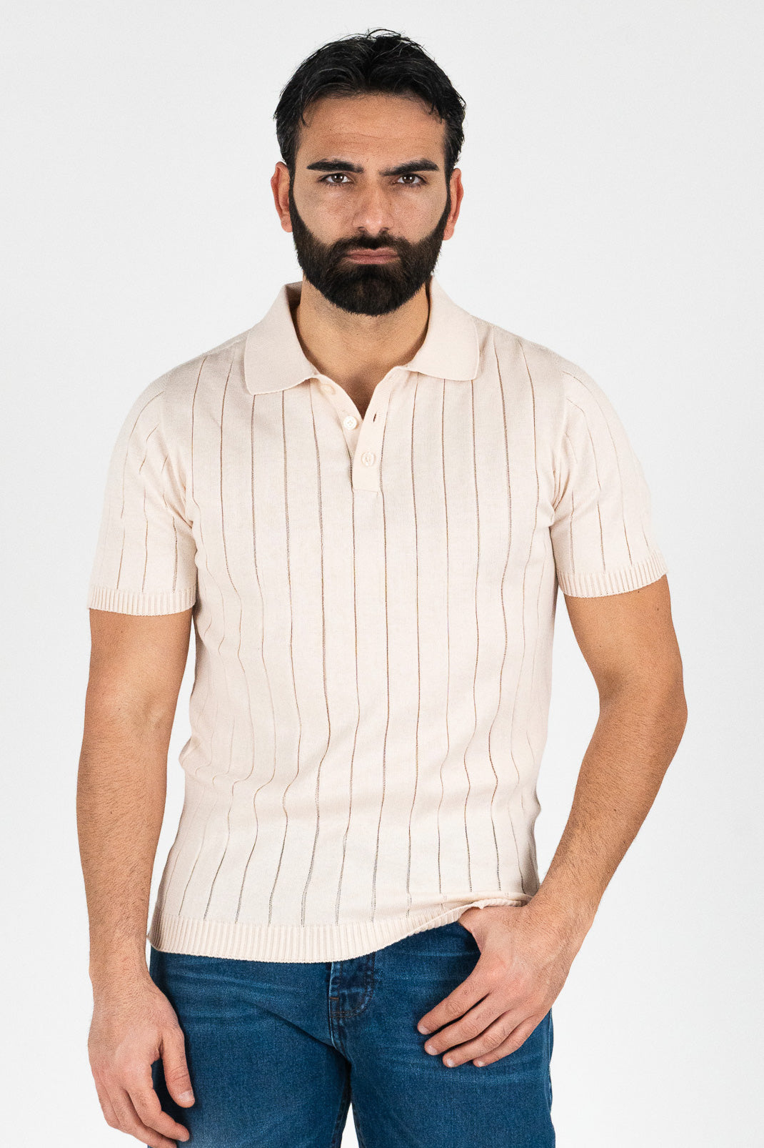 Polo mezze maniche Beige a coste 100% cotone finezza 12 con elastici sulle maniche e sul fondo di filo tinta unita da uomo made in italy