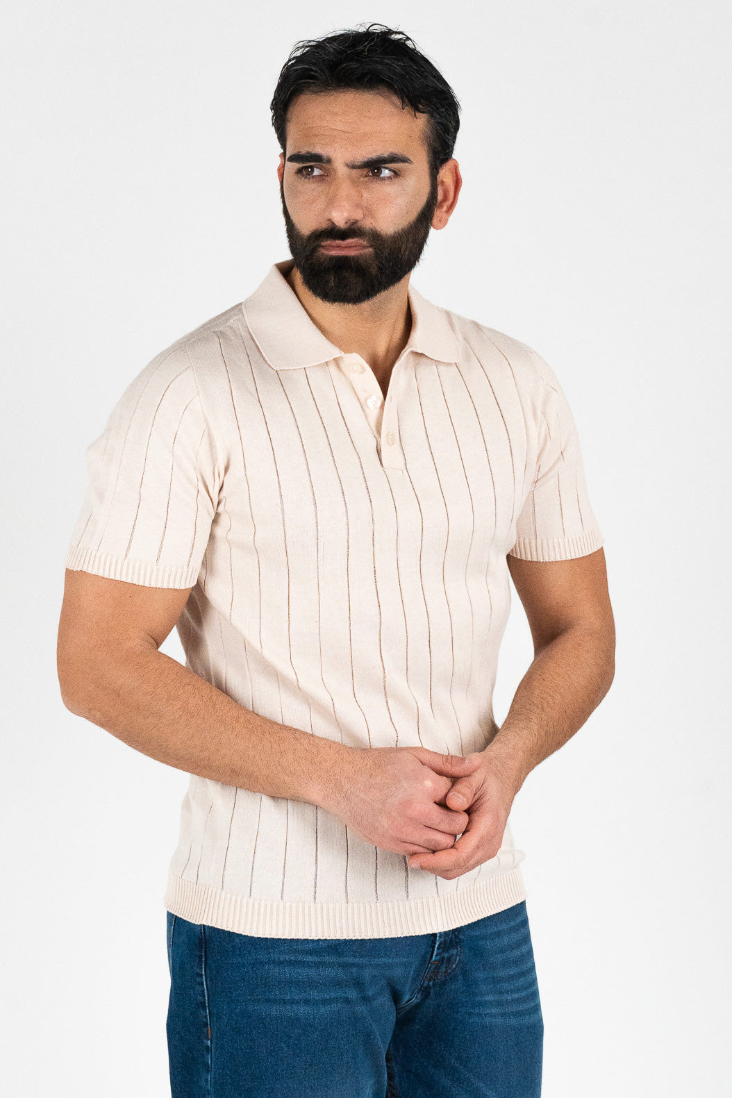 Polo mezze maniche Beige a coste 100% cotone finezza 12 con elastici sulle maniche e sul fondo di filo tinta unita da uomo made in italy