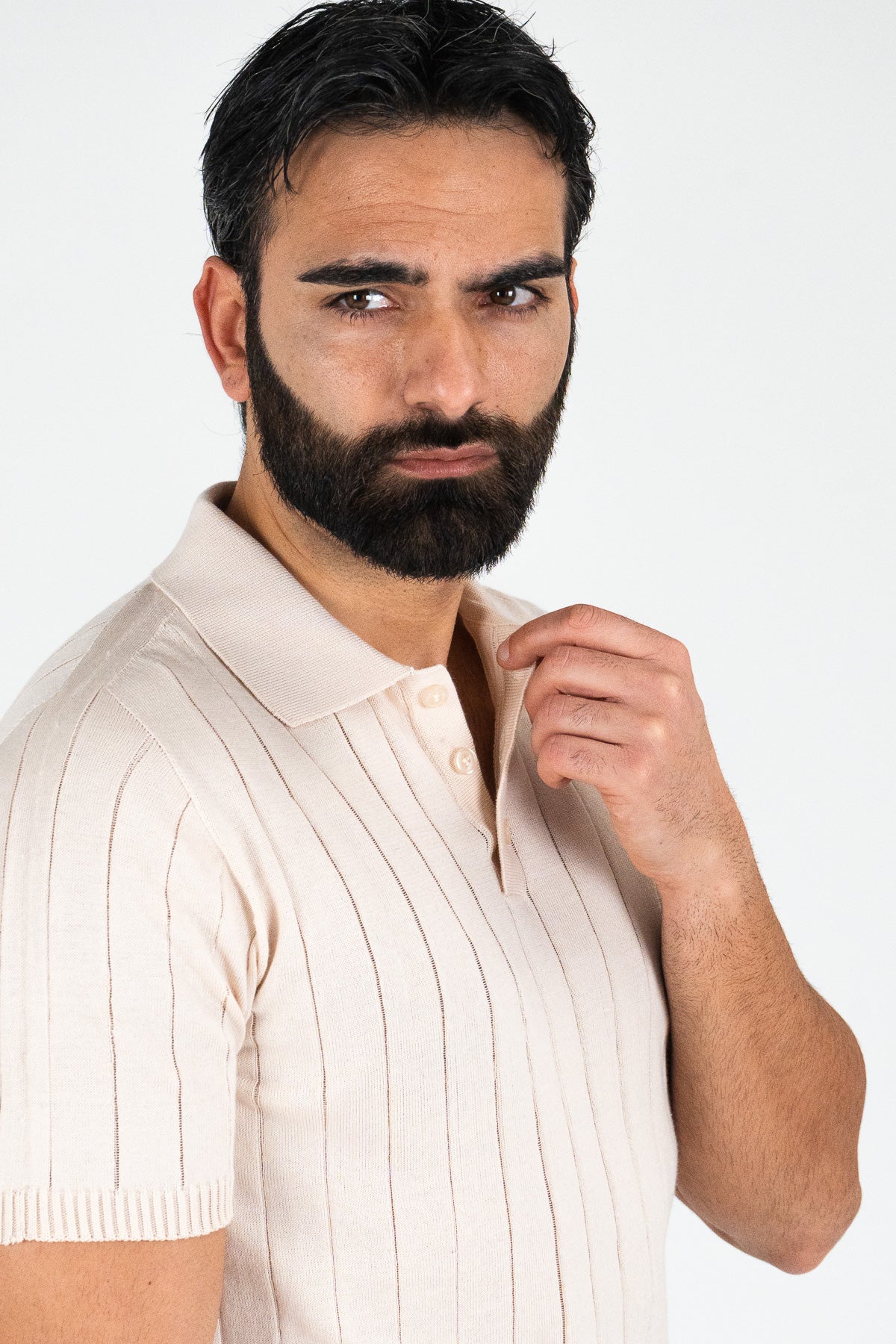 Polo mezze maniche Beige a coste 100% cotone finezza 12 con elastici sulle maniche e sul fondo di filo tinta unita da uomo made in italy