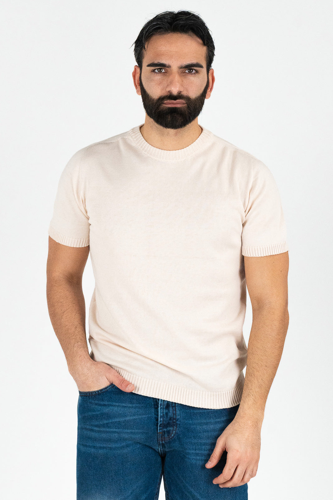 Girocollo mezza manica beige da uomo in cotone 100% finezza 12 con elastici sulle maniche e sul fondo di filo tinta unita da uomo made in italy