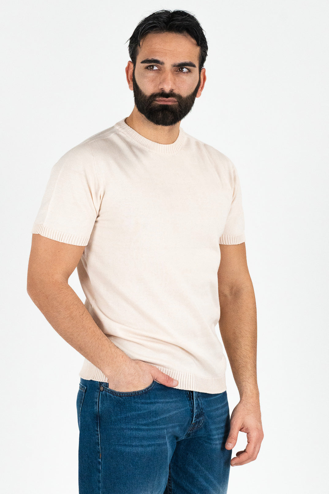 Girocollo mezza manica beige da uomo in cotone 100% finezza 12 con elastici sulle maniche e sul fondo di filo tinta unita da uomo made in italy