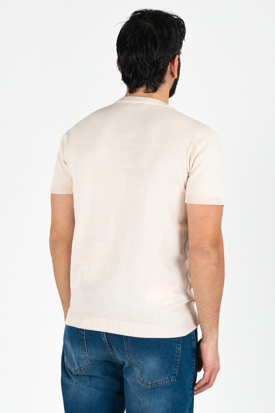 Girocollo mezza manica beige da uomo in cotone 100% finezza 12 con elastici sulle maniche e sul fondo di filo tinta unita da uomo made in italy
