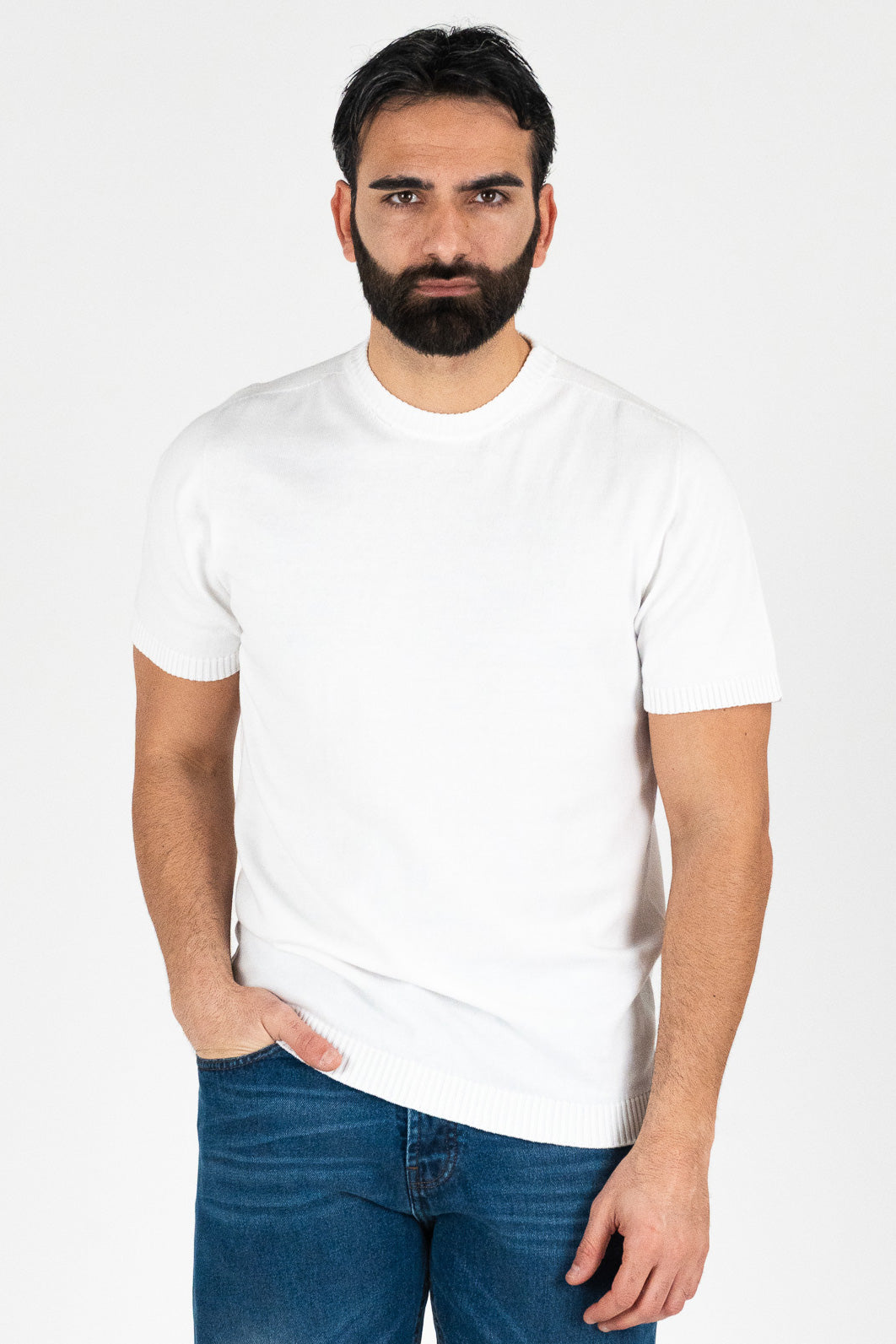 Girocollo mezza manica Bianco da uomo in cotone 100% finezza 12 con elastici sulle maniche e sul fondo di filo tinta unita da uomo made in italy