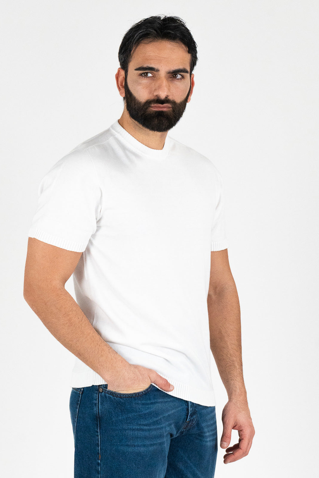 Girocollo mezza manica Bianco da uomo in cotone 100% finezza 12 con elastici sulle maniche e sul fondo di filo tinta unita da uomo made in italy
