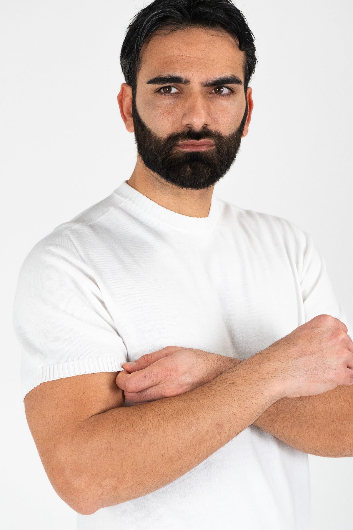 Girocollo mezza manica Bianco da uomo in cotone 100% finezza 12 con elastici sulle maniche e sul fondo di filo tinta unita da uomo made in italy