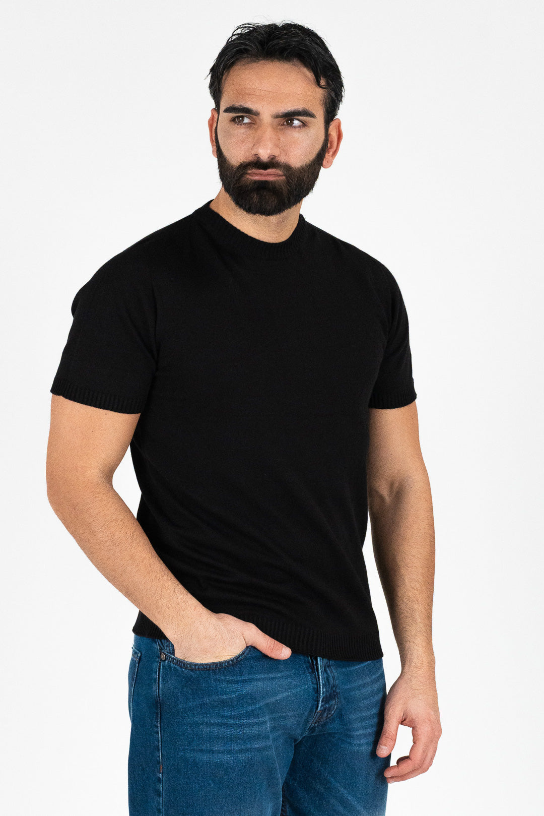 Girocollo mezza manica Nero da uomo in cotone 100% finezza 12 con elastici sulle maniche e sul fondo di filo tinta unita da uomo made in italy