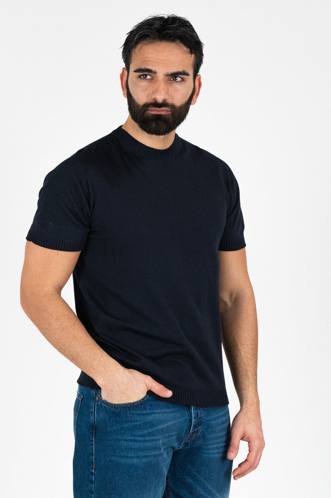 Girocollo mezza manica Blu da uomo in cotone 100% finezza 12 con elastici sulle maniche e sul fondo di filo tinta unita da uomo made in italy