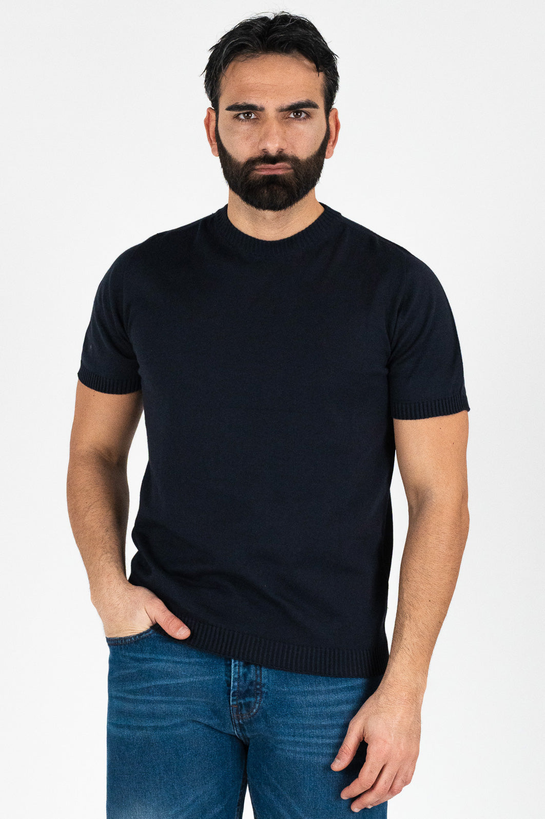 Girocollo mezza manica Blu da uomo in cotone 100% finezza 12 con elastici sulle maniche e sul fondo di filo tinta unita da uomo made in italy