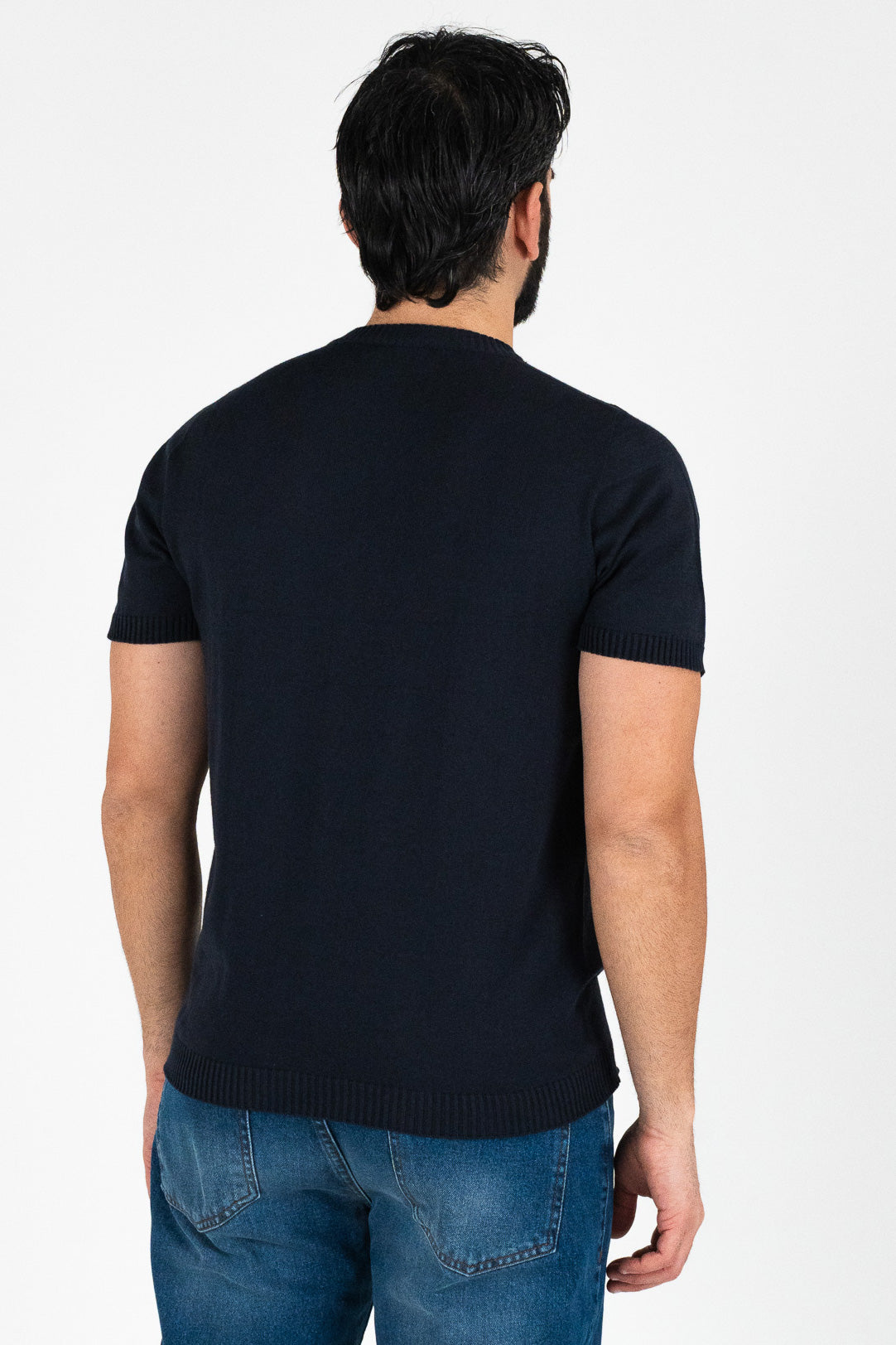 Girocollo mezza manica Blu da uomo in cotone 100% finezza 12 con elastici sulle maniche e sul fondo di filo tinta unita da uomo made in italy