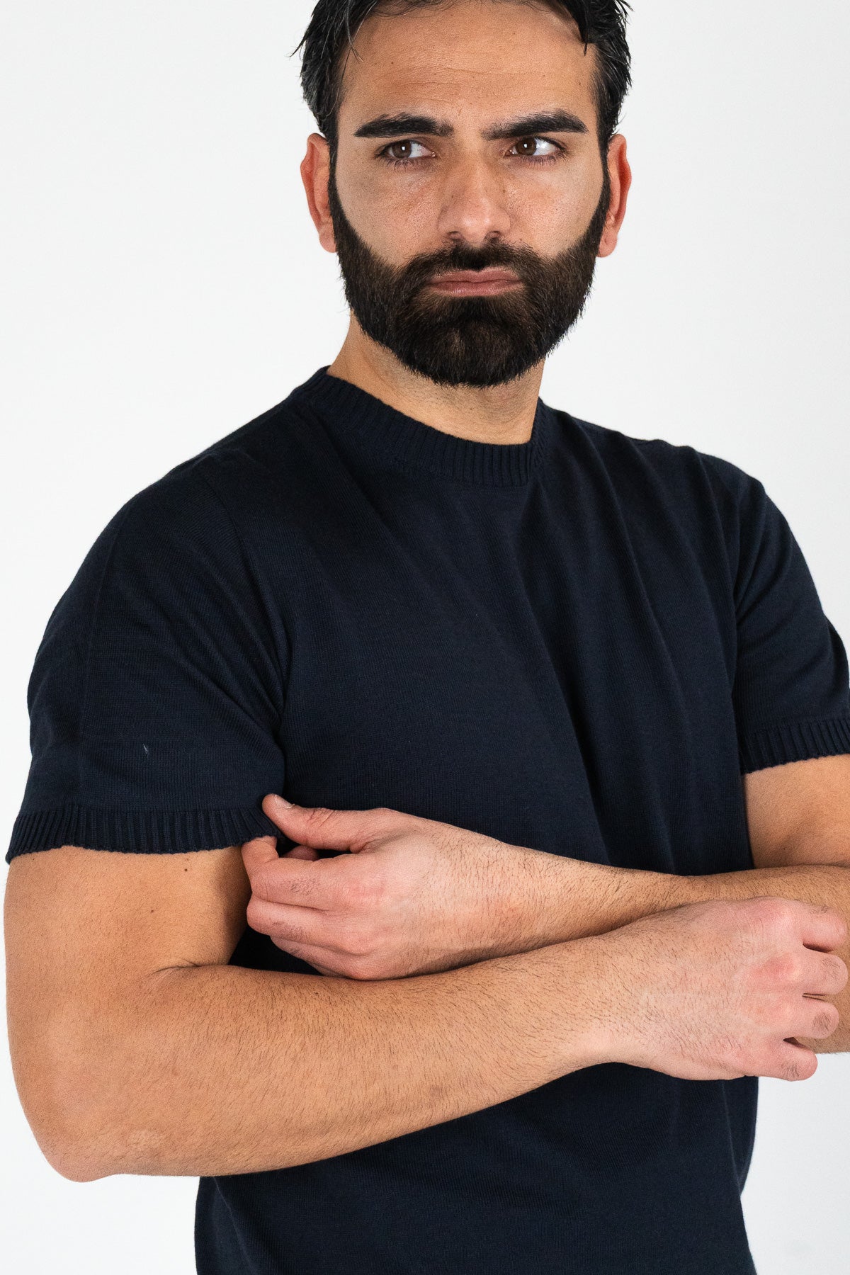 Girocollo mezza manica Blu da uomo in cotone 100% finezza 12 con elastici sulle maniche e sul fondo di filo tinta unita da uomo made in italy
