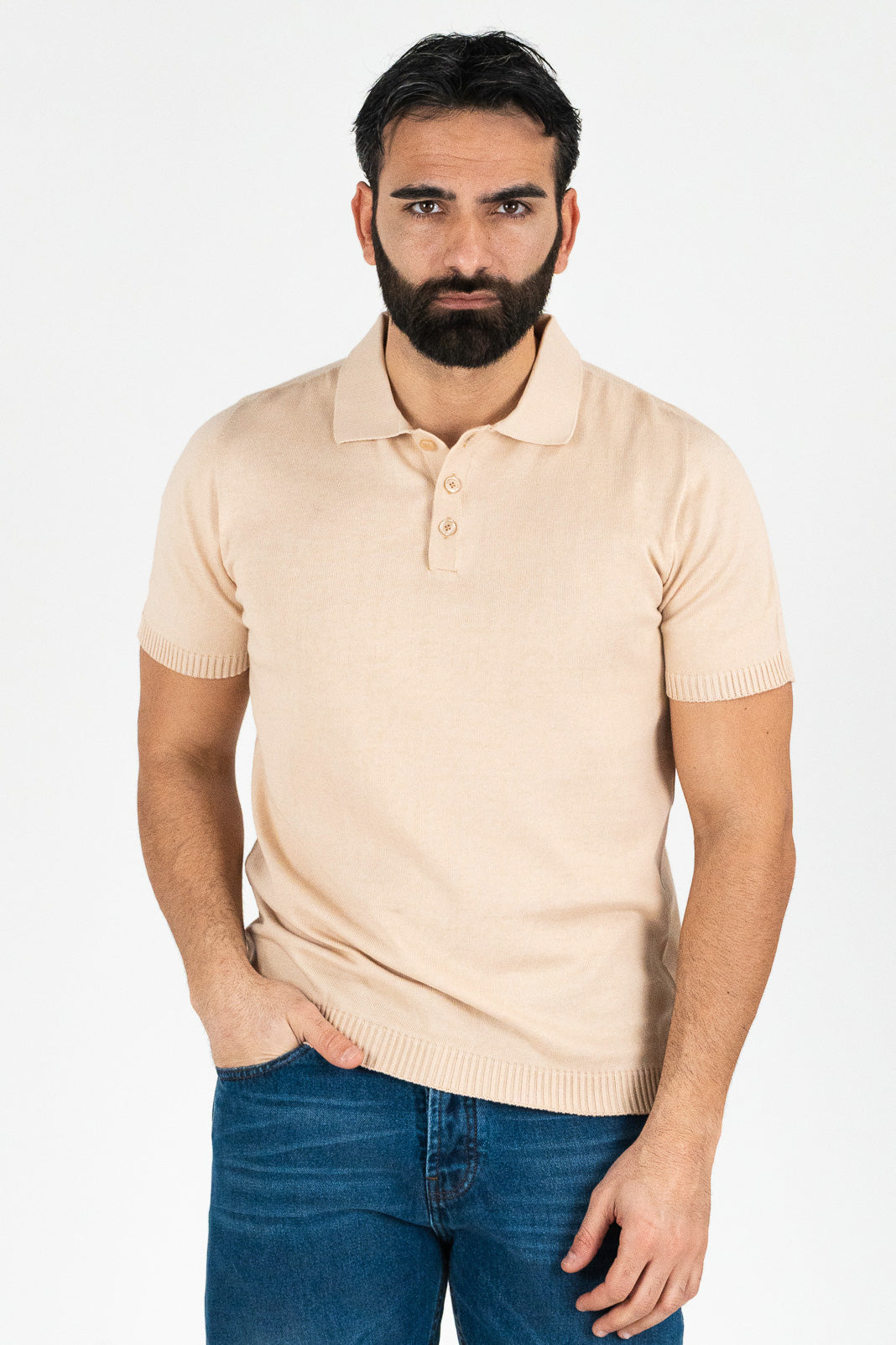 Polo mezze maniche Beige 100% cotone finezza 12 con elastici sulle maniche e sul fondo di filo tinta unita da uomo made in italy
