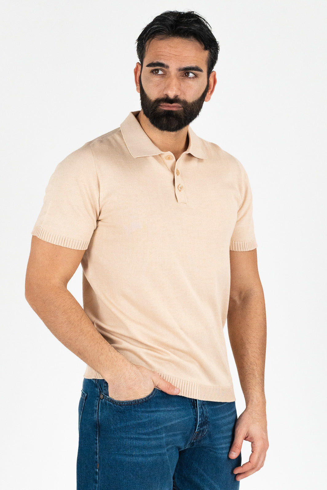 Polo mezze maniche Beige 100% cotone finezza 12 con elastici sulle maniche e sul fondo di filo tinta unita da uomo made in italy