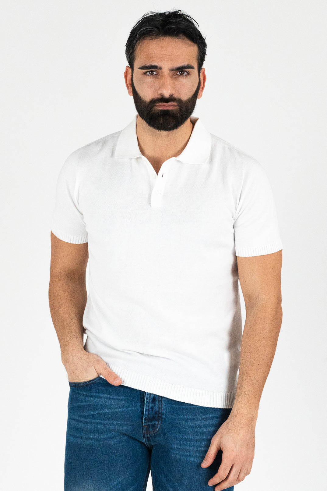 Polo mezze maniche Bianca 100% cotone finezza 12 con elastici sulle maniche e sul fondo di filo tinta unita da uomo made in italy