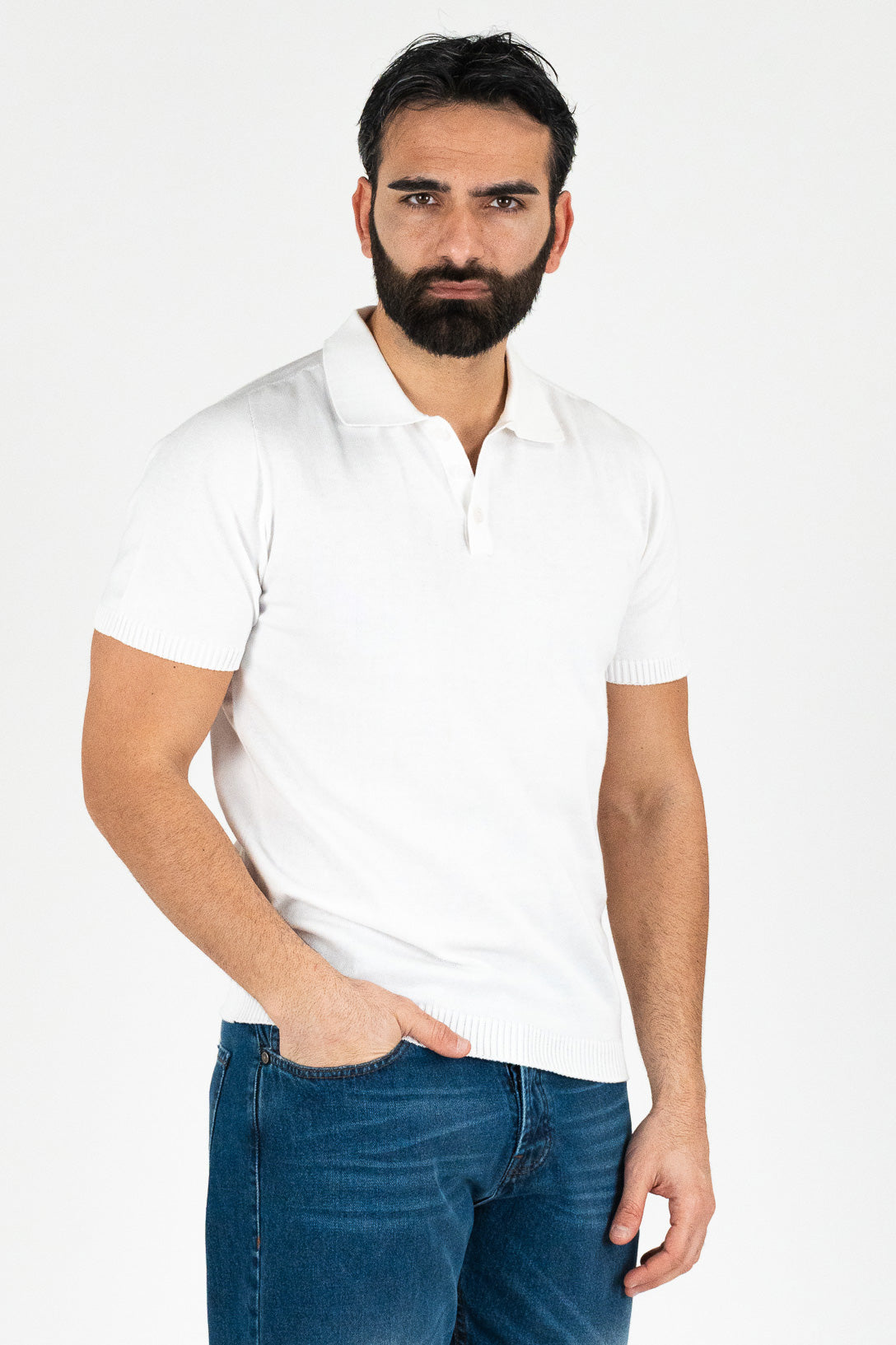 Polo mezze maniche Bianca 100% cotone finezza 12 con elastici sulle maniche e sul fondo di filo tinta unita da uomo made in italy