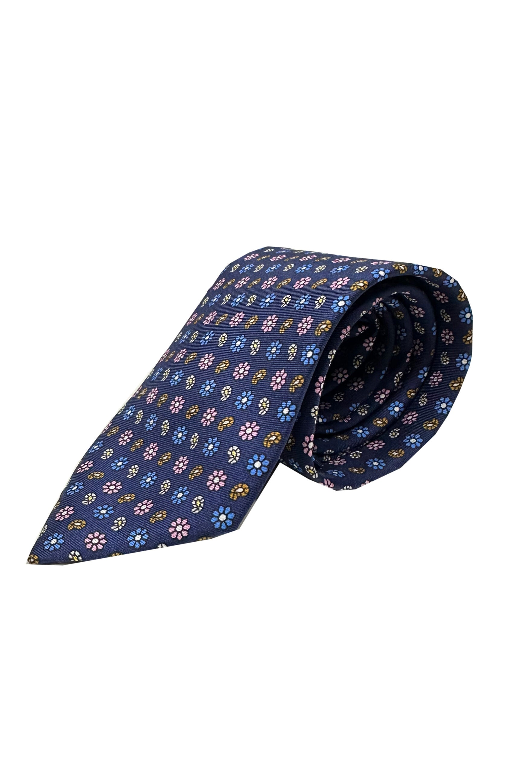 Cravatta uomo blu 9cm fantasia in pura seta cucita a mano 3 pieghe