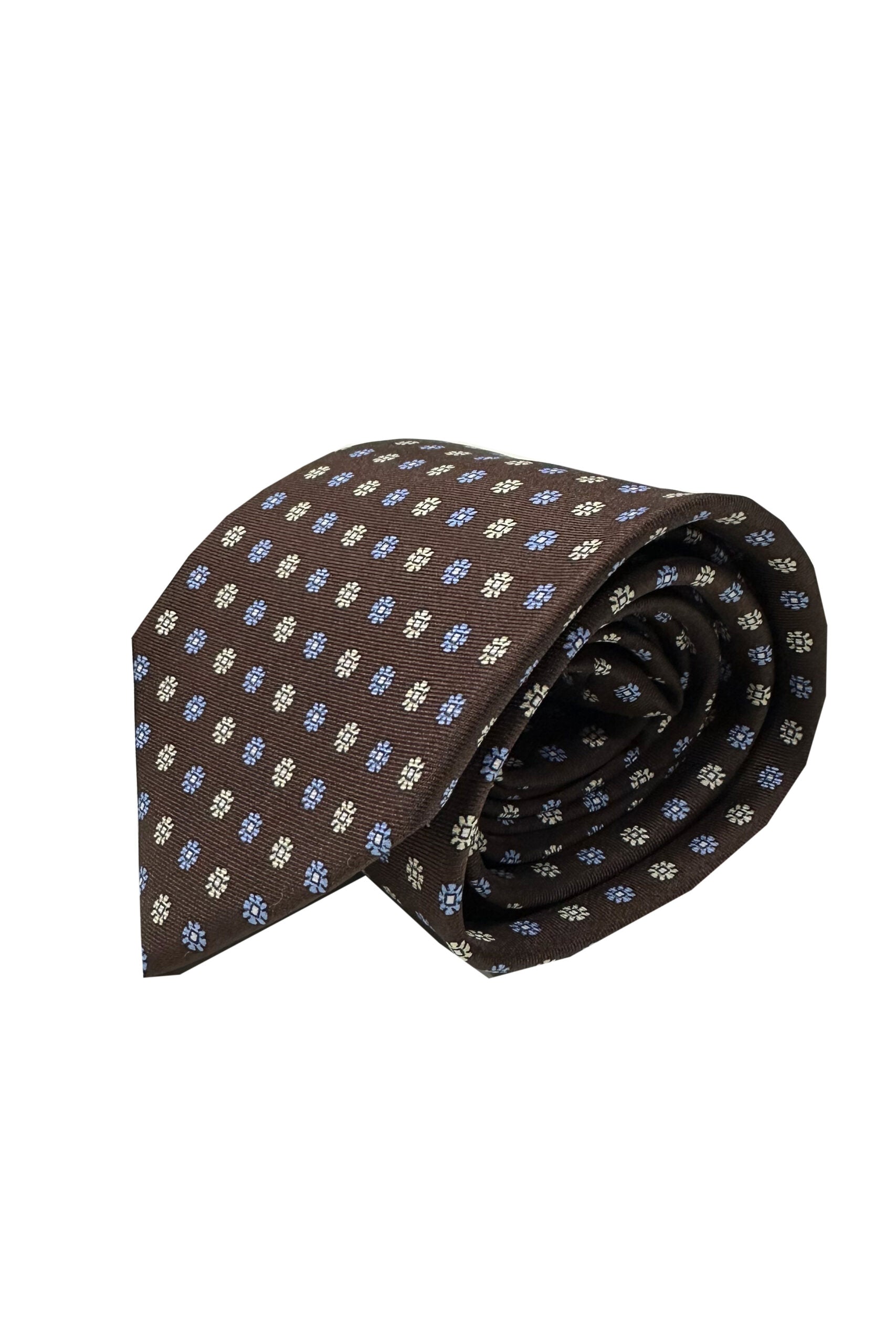 Cravatta uomo Marrone 9cm fantasia in pura seta cucita a mano 3 pieghe