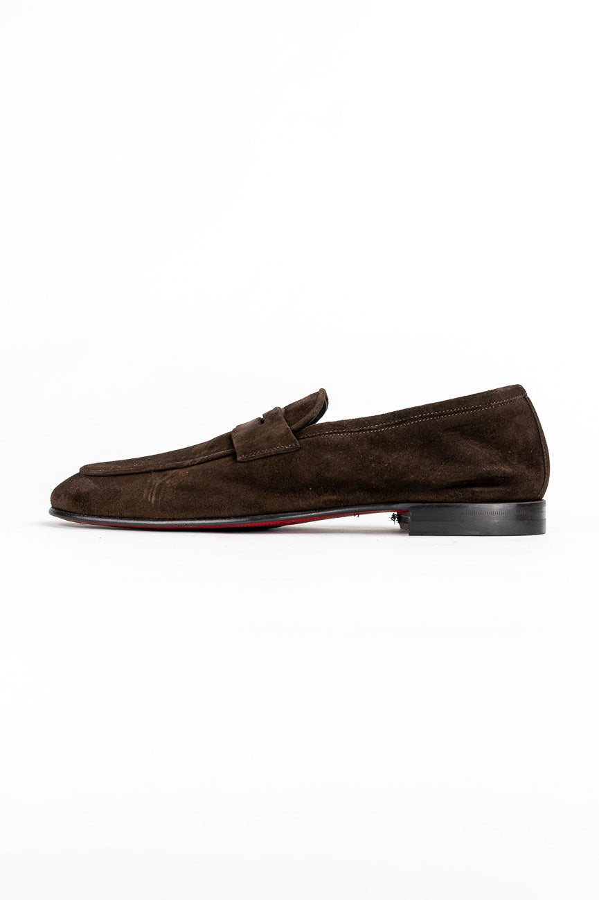 Mocassini da uomo marroni in camoscio sfoderati modello college e suola in cuoio made in italy