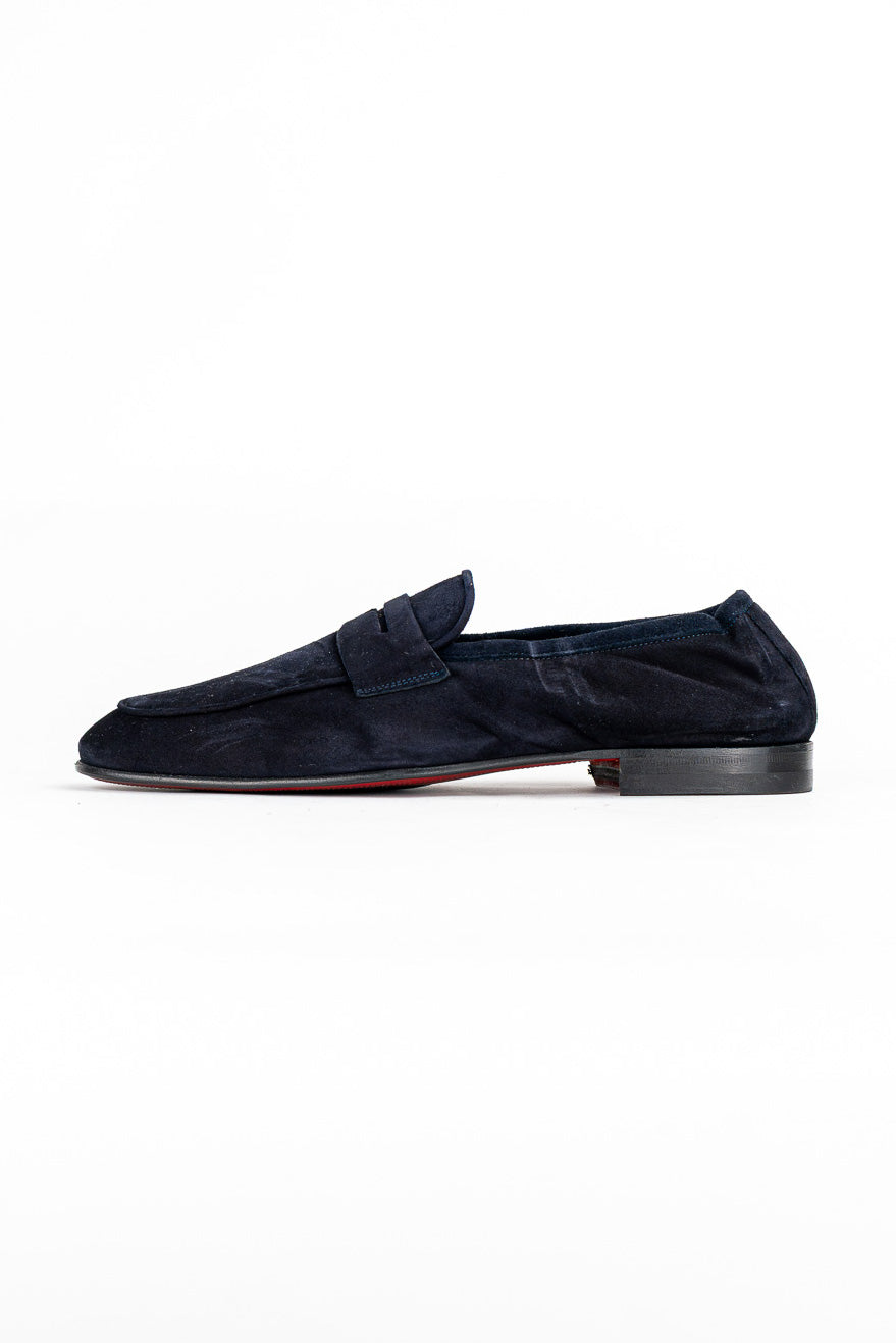 Mocassini da uomo Blu in camoscio sfoderati modello college e suola in cuoio made in italy