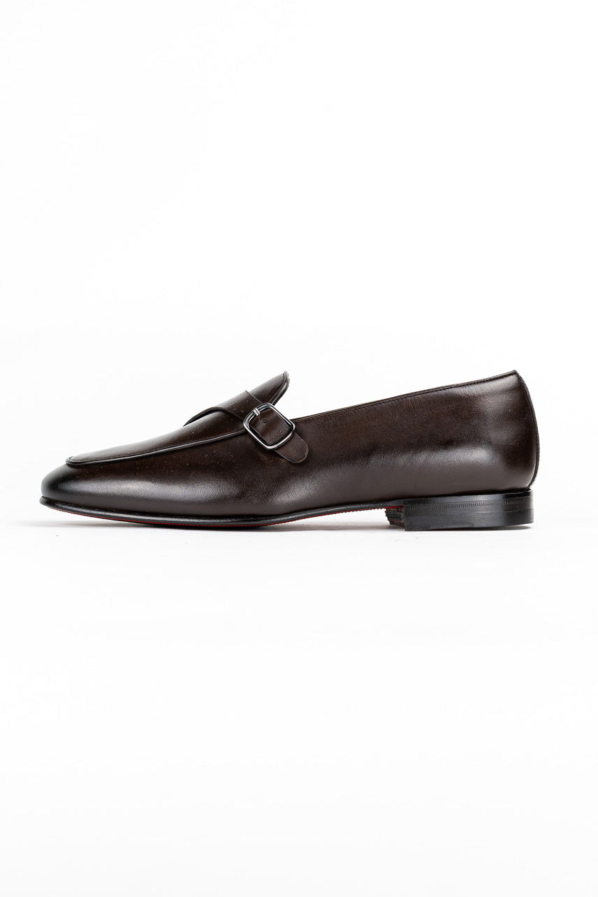 Mocassini da uomo marroni mono fibbia in vera pelle di vitello e suola in cuoio made in italy