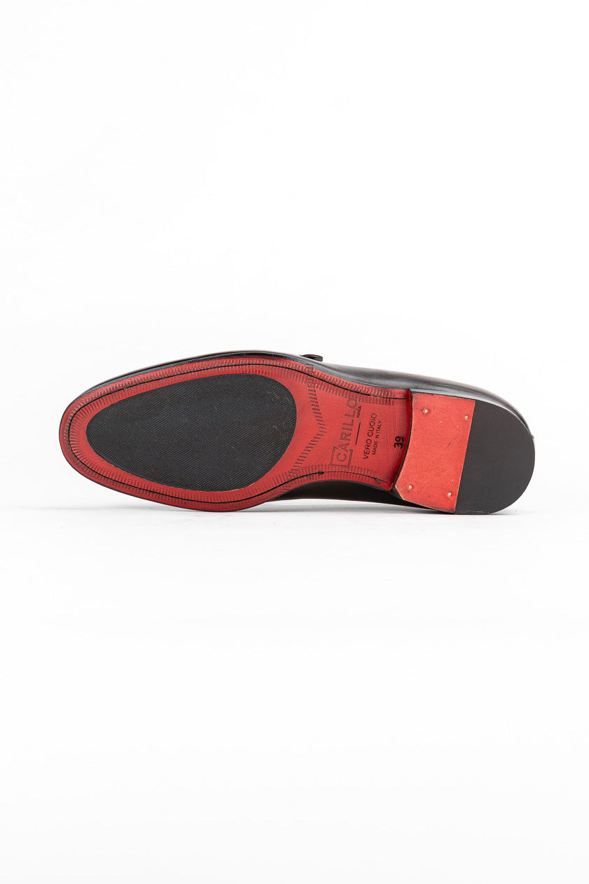 Mocassini da uomo marroni mono fibbia in vera pelle di vitello e suola in cuoio made in italy