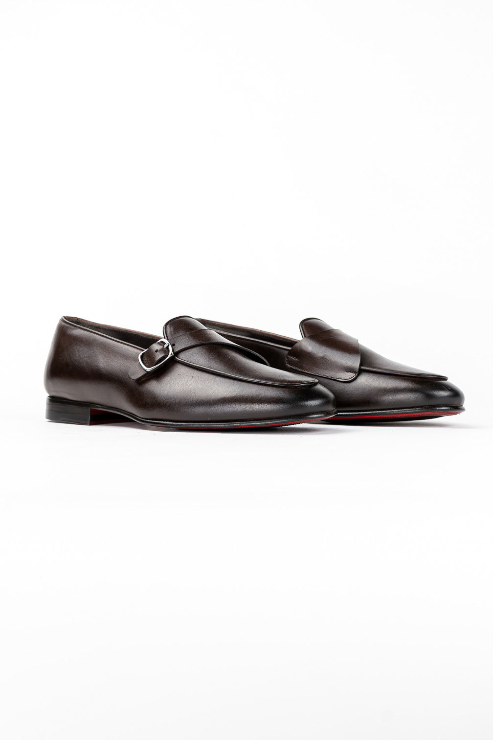 Mocassini da uomo marroni mono fibbia in vera pelle di vitello e suola in cuoio made in italy