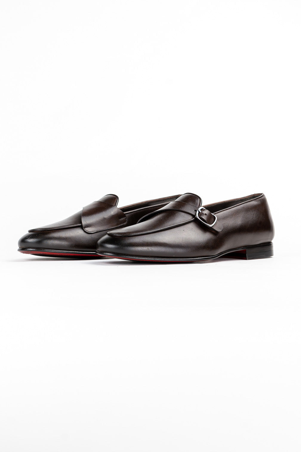 Mocassini da uomo marroni mono fibbia in vera pelle di vitello e suola in cuoio made in italy