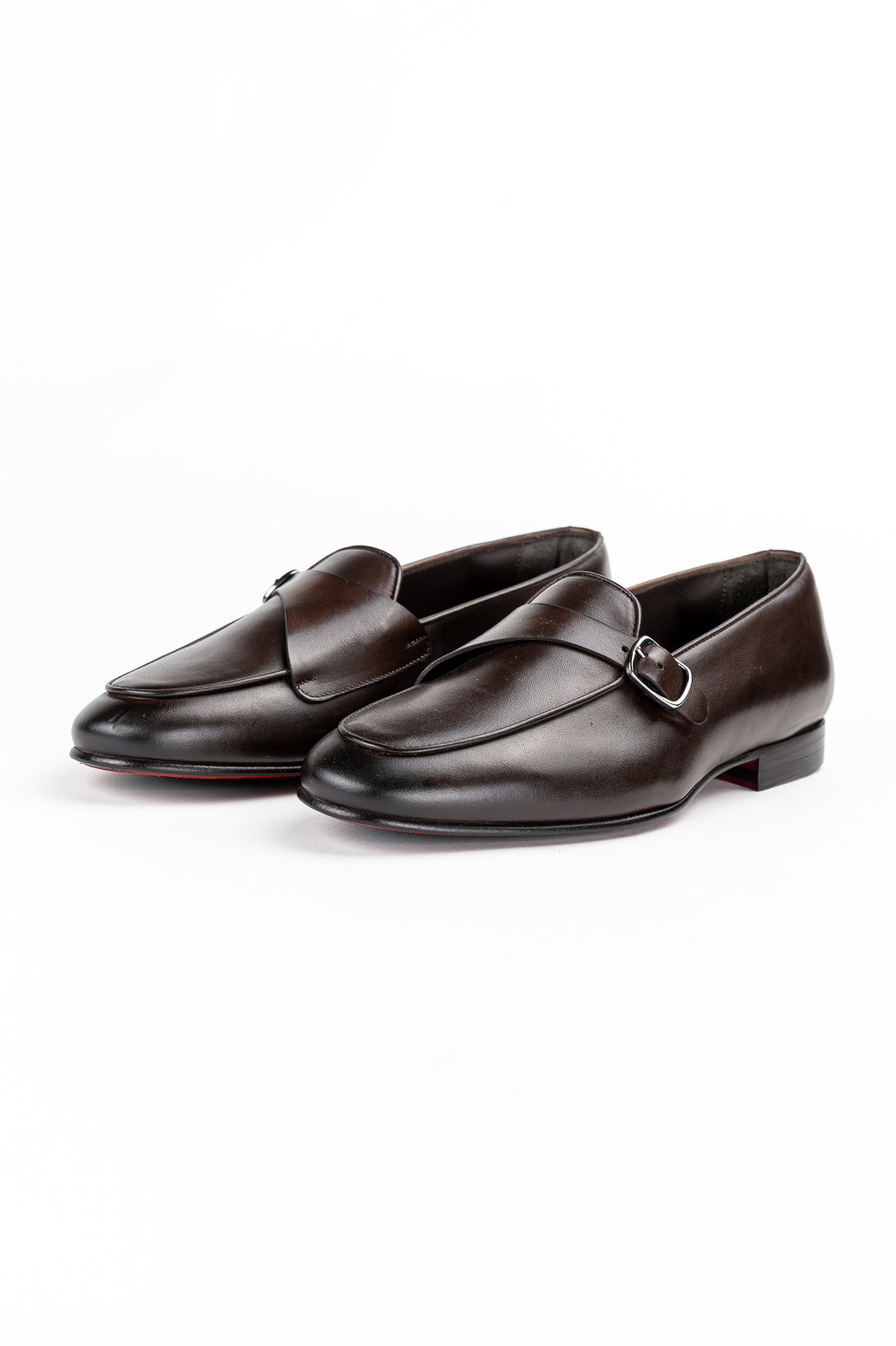 Mocassini da uomo marroni mono fibbia in vera pelle di vitello e suola in cuoio made in italy