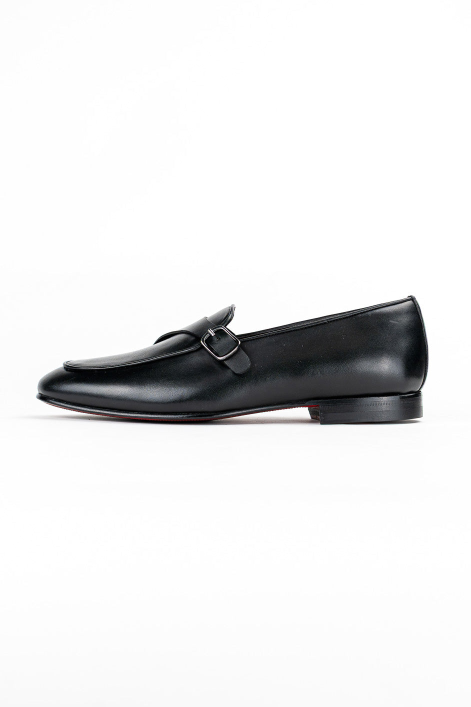 Mocassini da uomo neri mono fibbia in vera pelle di vitello e suola in cuoio made in italy