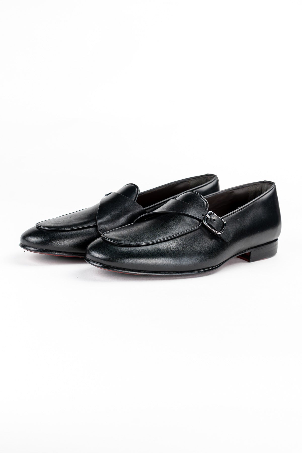 Mocassini da uomo neri mono fibbia in vera pelle di vitello e suola in cuoio made in italy