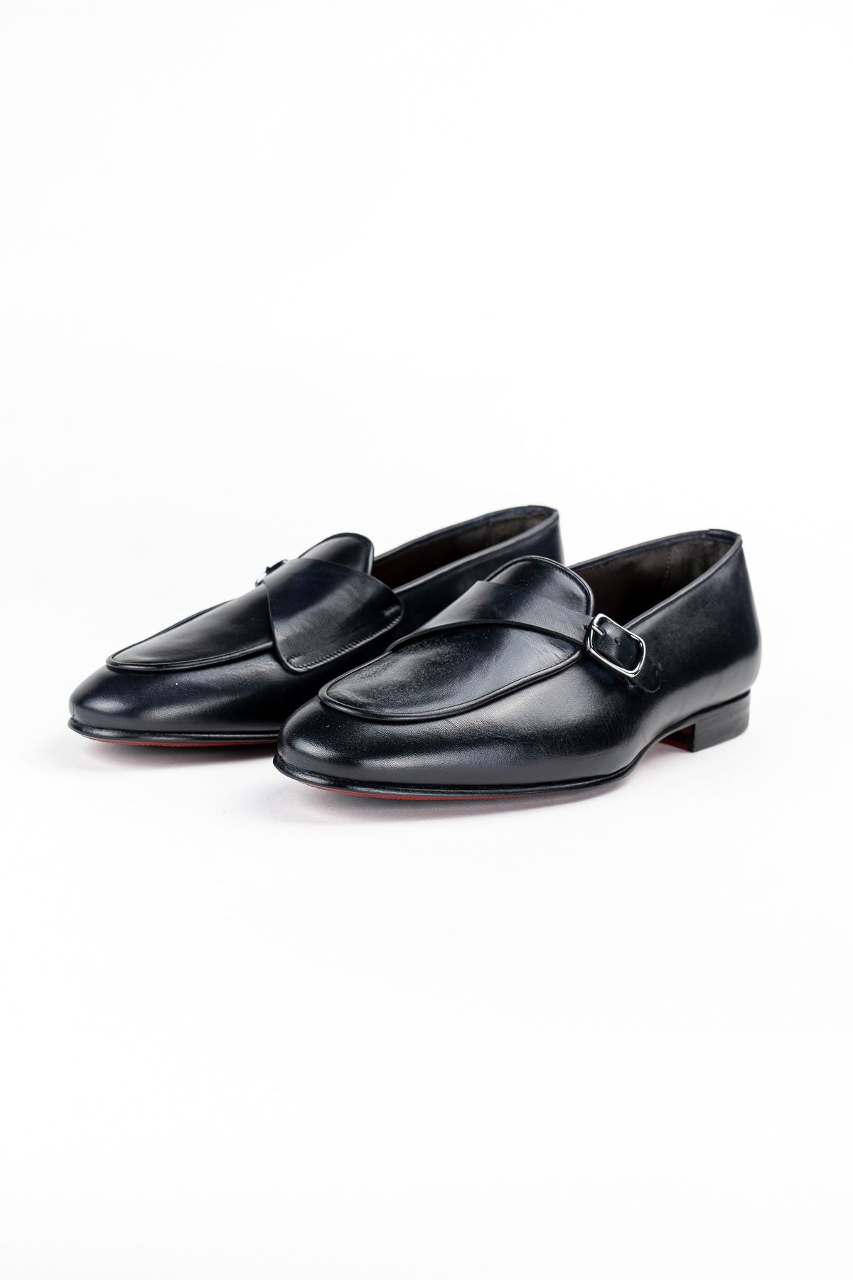 Mocassini da uomo blu mono fibbia in vera pelle di vitello e suola in cuoio made in italy