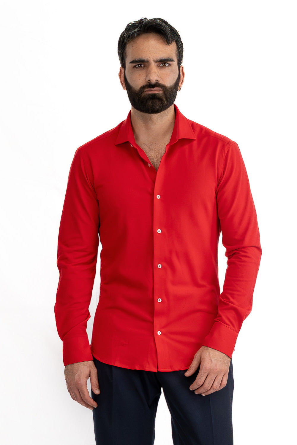 Camicia Uomo rossa in piquet slim fit cotone 100% Collo semi francese tinta unita sartoriale.