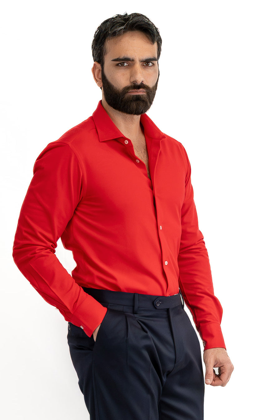 Camicia Uomo rossa in piquet slim fit cotone 100% Collo semi francese tinta unita sartoriale.