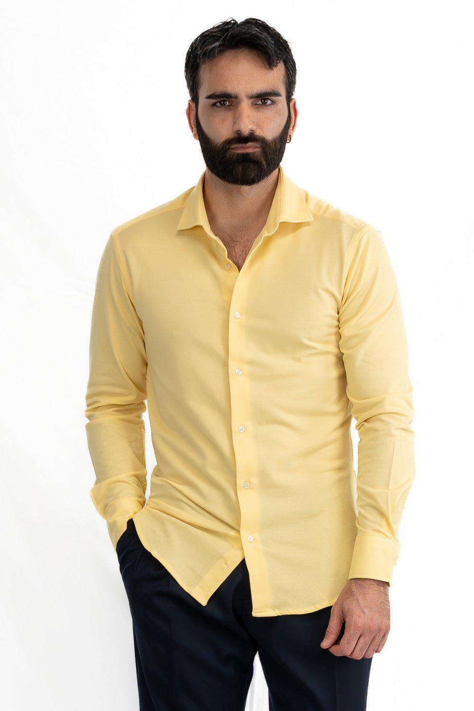 Camicia Uomo Gialla in piquet slim fit cotone 100% Collo semi francese tinta unita sartoriale.