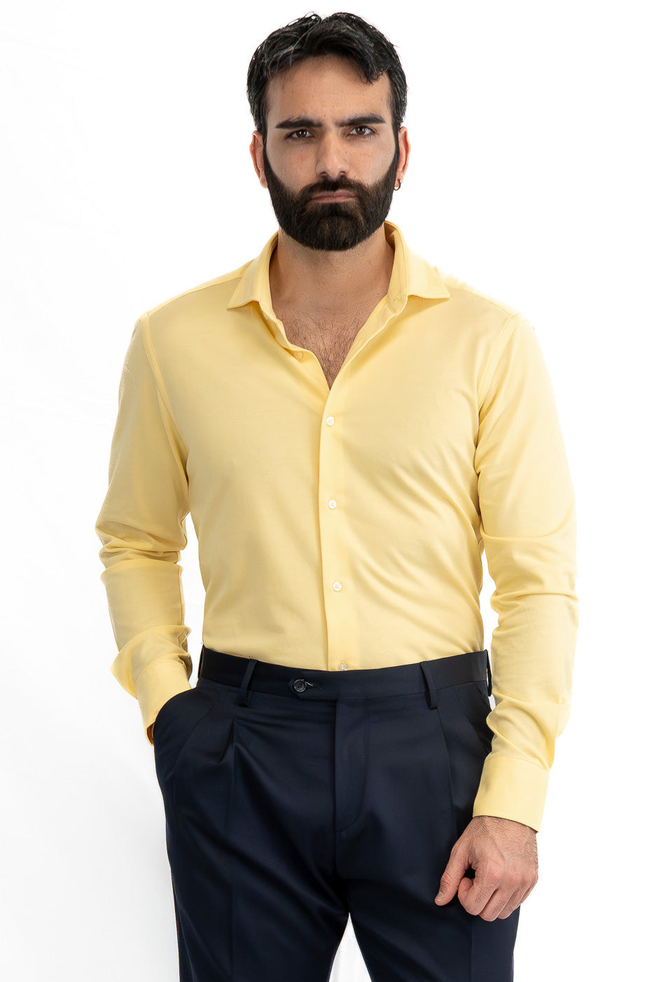 Camicia Uomo Gialla in piquet slim fit cotone 100% Collo semi francese tinta unita sartoriale.